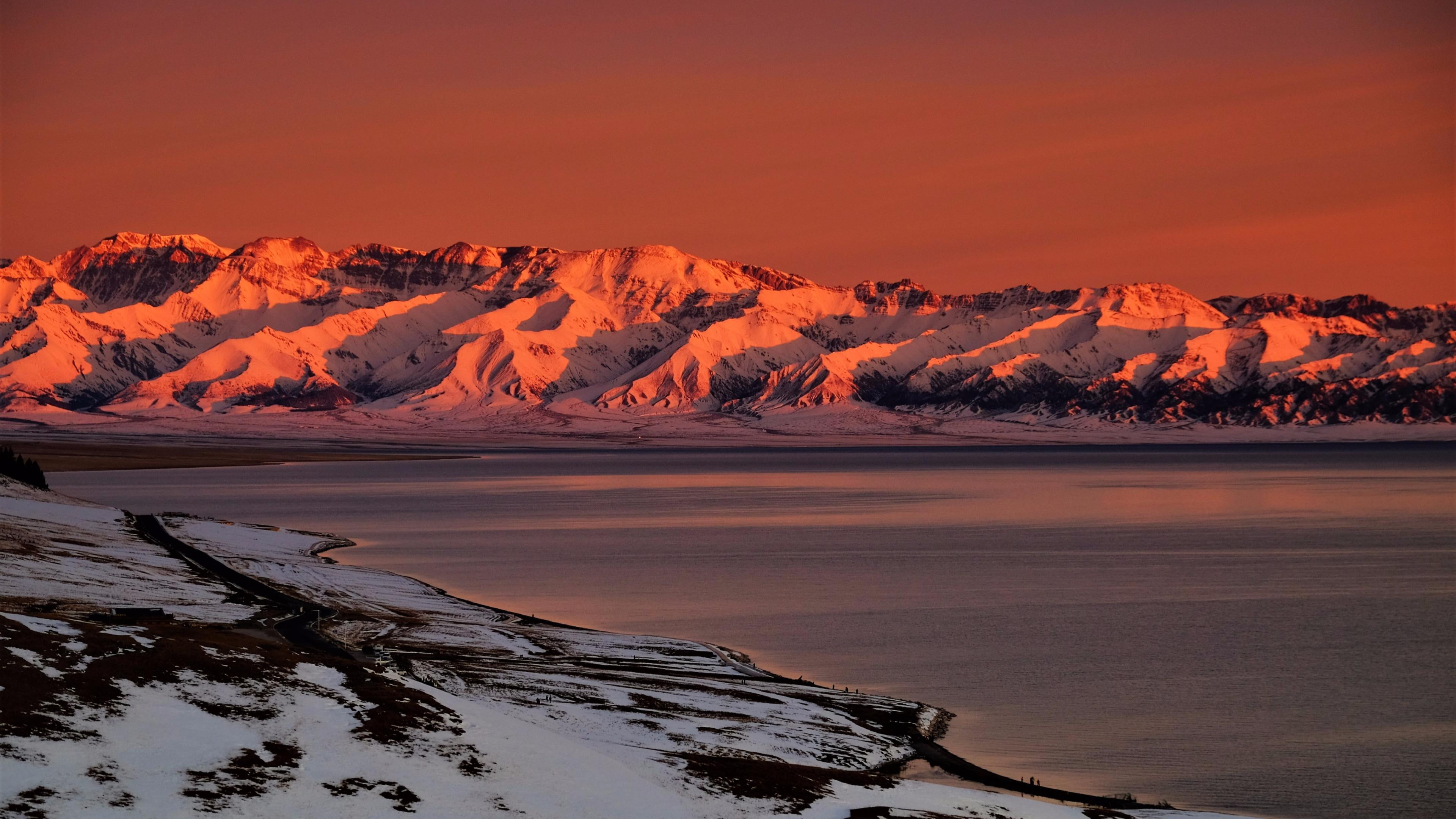 snow, frost, travel, 4K, tranquility, outdoors, sun, sayram lake, mountain, beauty in nature, winter, cold temperature, frozen, environment, sunset, tranquil scene, HD Wallpaper