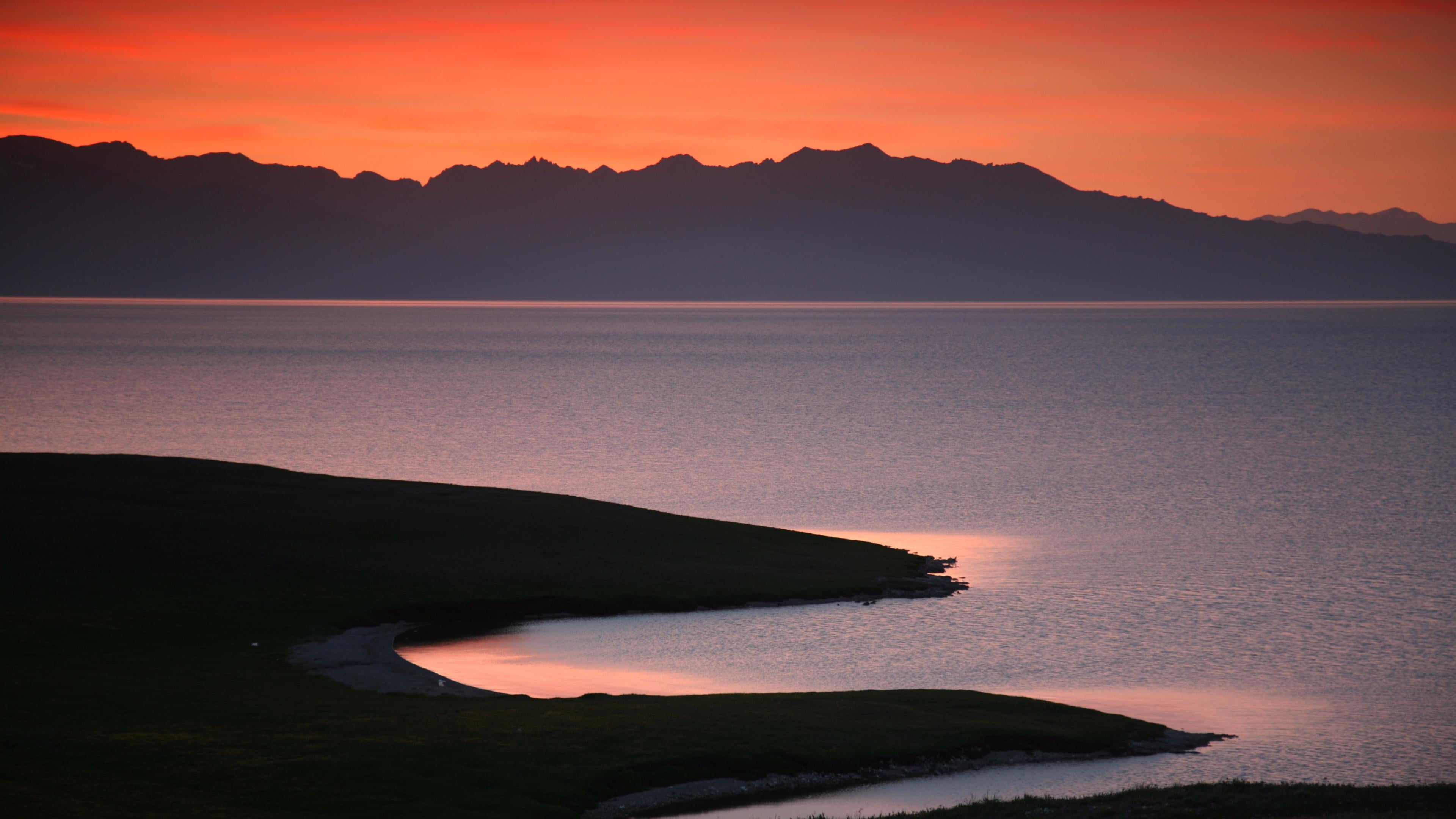 lake, landscape, sunset, tranquil scene, beauty in nature, mountains, morning, land, tranquility, mount scenery, sky, silhouette, tianshan mountains, environment, HD Wallpaper