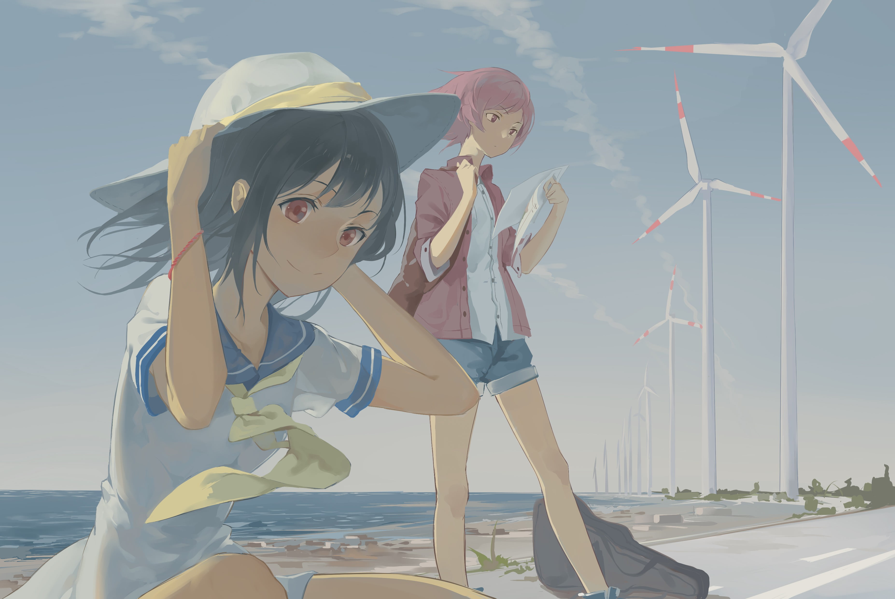 women, real people, redhead, sky, two people, transportation, people, Love Live!, childhood, shorts, Nishikino Maki, anime, child, nature, wind, red eyes, HD Wallpaper