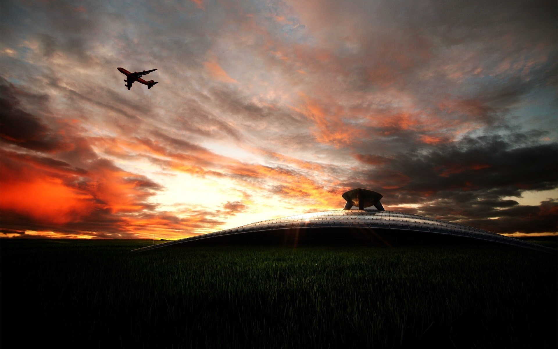 passenger aircraft, sunset, clouds, mode of transportation, transportation, 1080P, land, cloud - sky, motion, men, sky, nature, low angle view, beauty in nature, HD Wallpaper