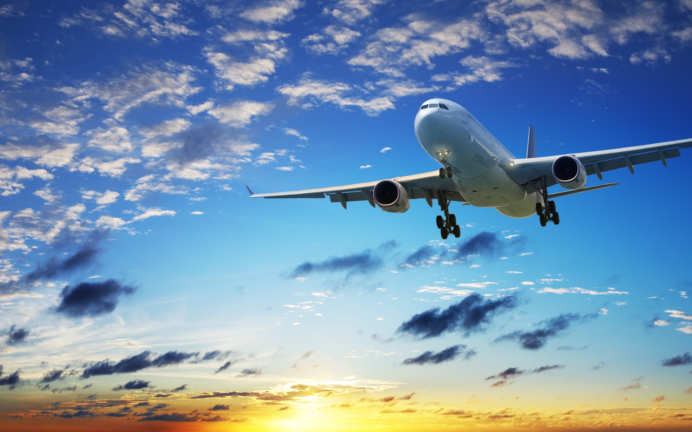 airplane, plane, 2K, sky, clouds, aircraft, passenger, sunset, white, flying, big, background, HD Wallpaper