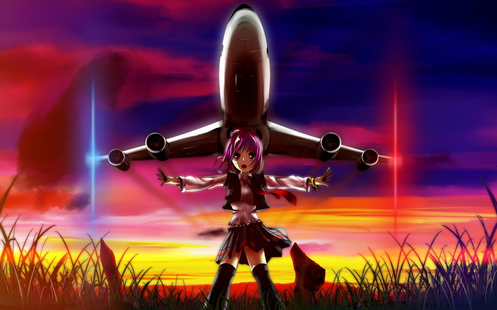 land, motion, passenger aircraft, technology, travel, futuristic, anime girls, outdoors, nature, sky, no people, flying, air vehicle, mode of transportation, HD Wallpaper
