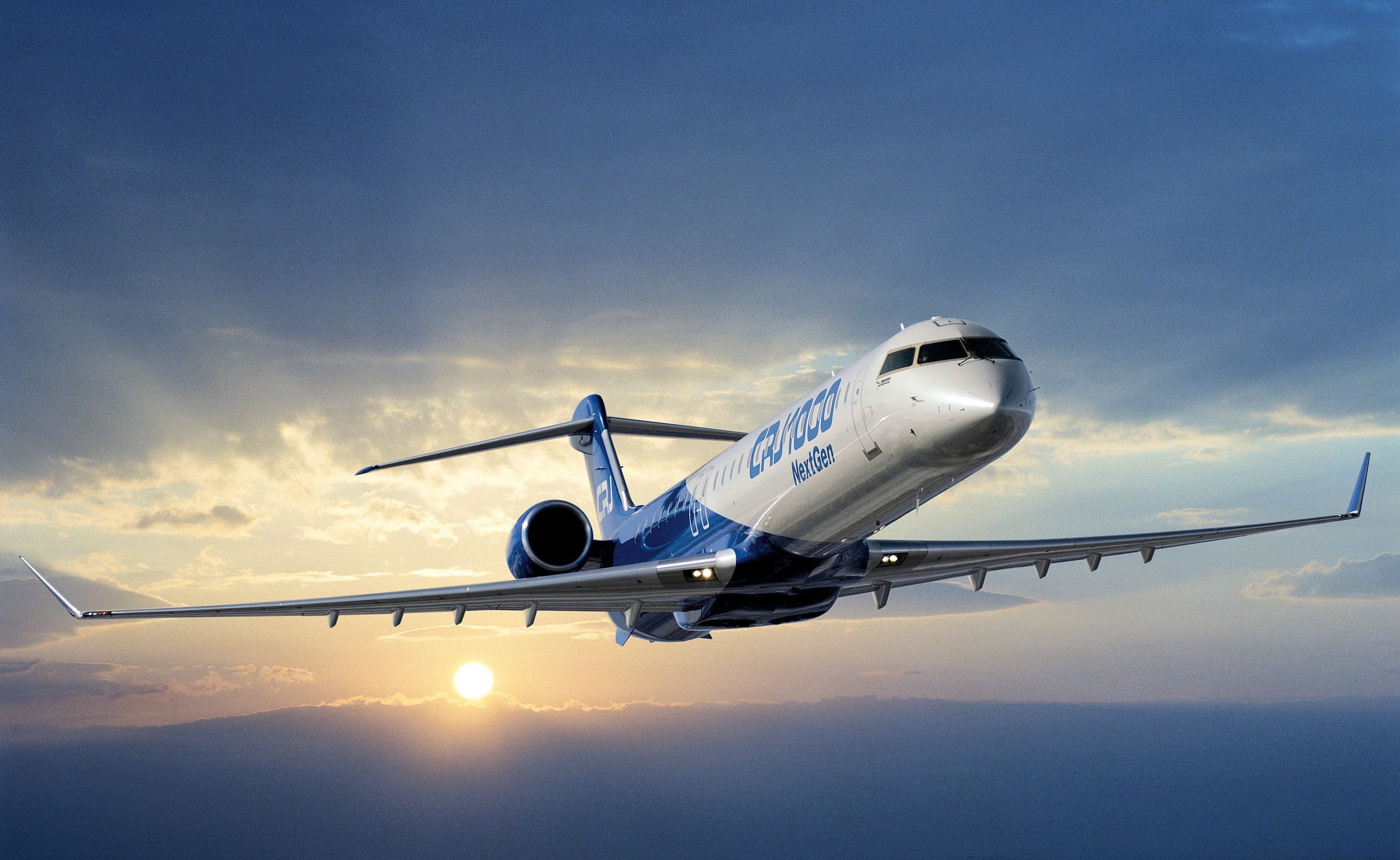 luxury, aircraft wing, 2K, Aircraft, blue, no people, commercial airplane, airport, travel, outdoors, air vehicle, business, arrival, sunset, crj, 1000, HD Wallpaper