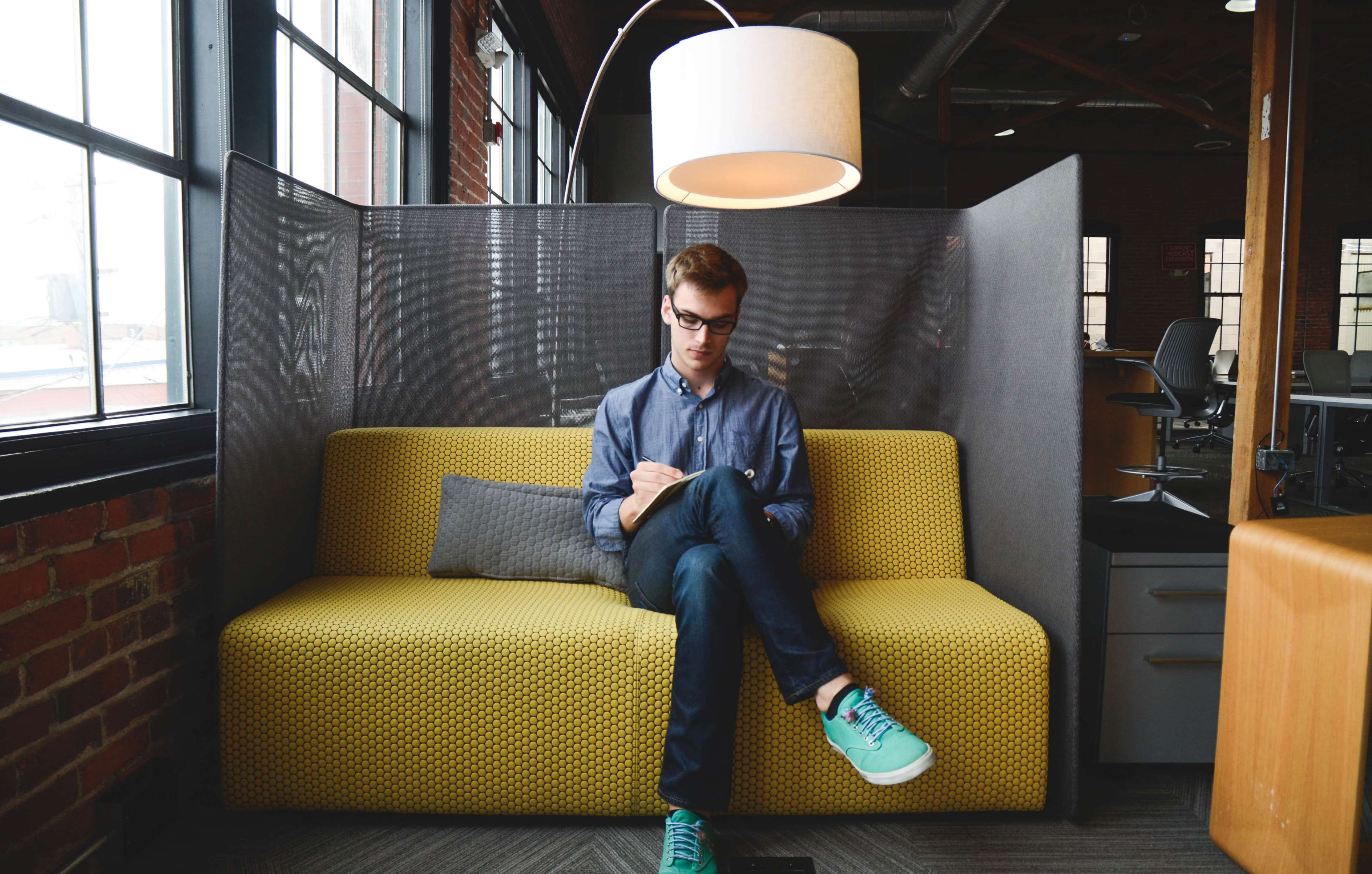 businessman, couch, coworking, business, males, indoors, seat, business person, waiting, front view, travel, sitting, one person, person, mode of transportation, HD Wallpaper