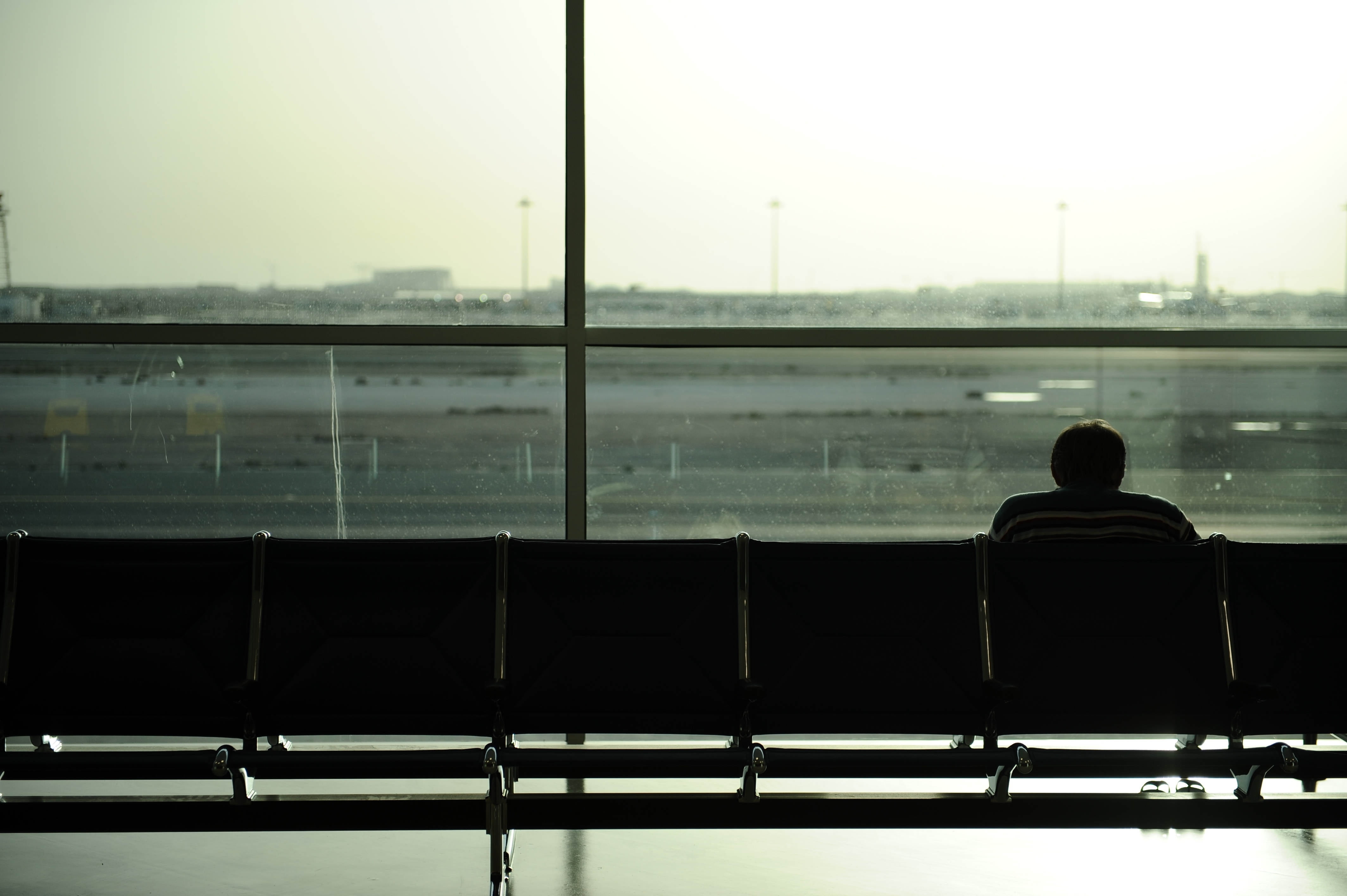 black Color, travel, air vehicle, rear view, seat, sky, airport, urban Scene, glass - material, gang, outdoors, contemplation, airport departure area, people, HD Wallpaper