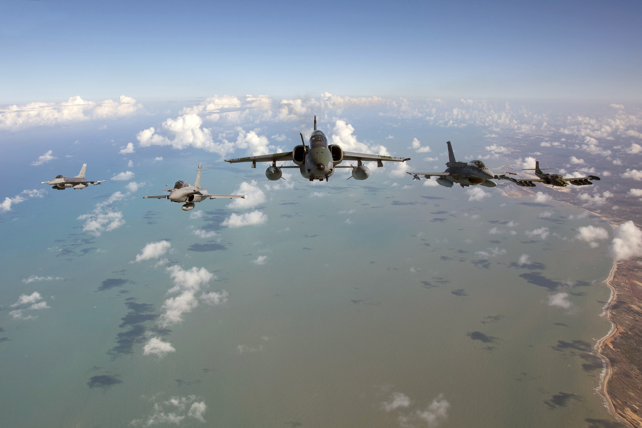 coastline, Fighting, F-16, Dassault Rafale 113, A-37A Dragonfly Cessna, 1080P, CRUZEX, Exercises, clouds, F-5E, the ocean, Falcon, HD Wallpaper