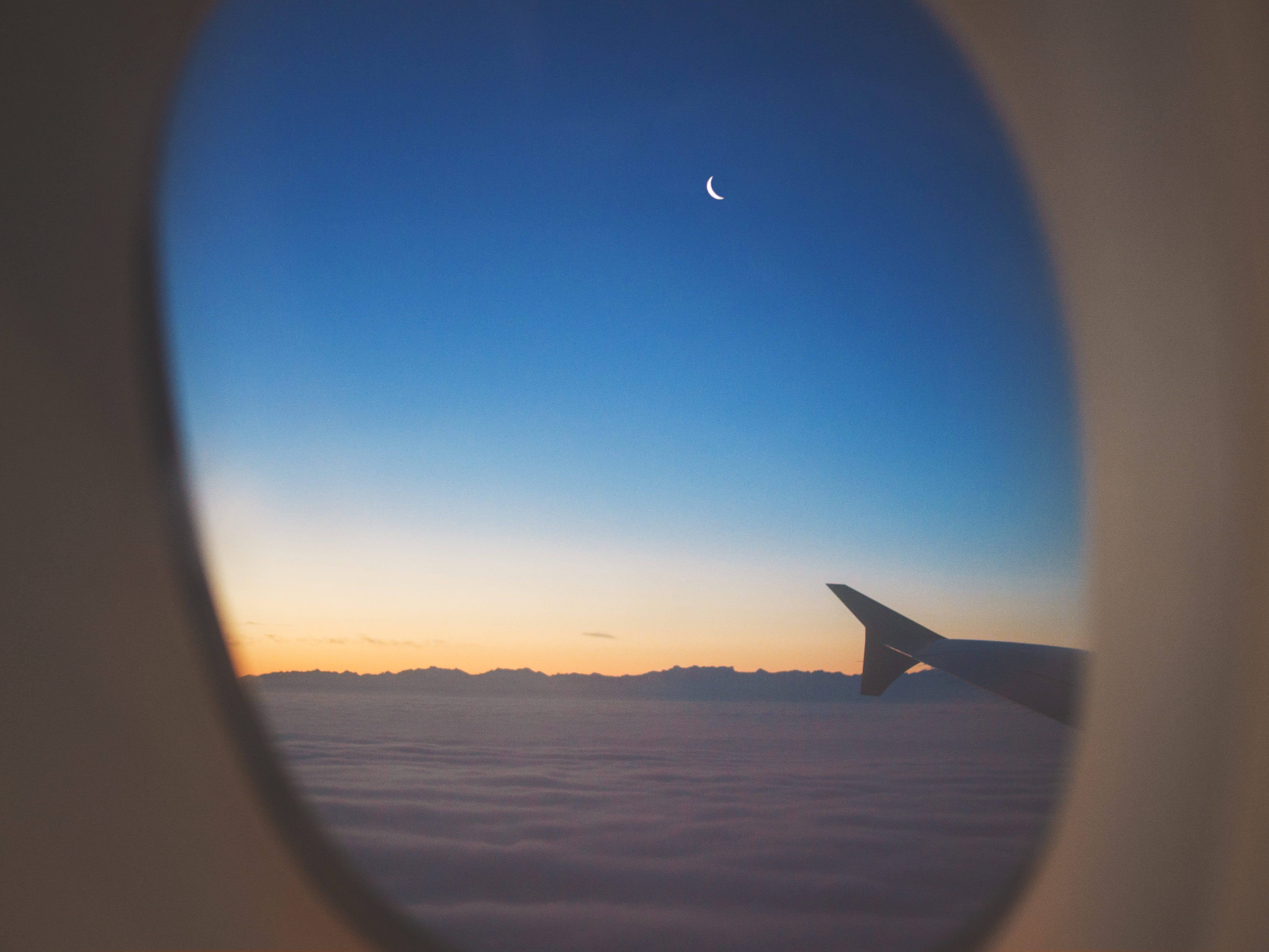 sun, borntobe, orange, singapore airline, contrast, moon, 5K, mile high, clear sky, blue, sunrise, air vehicle, window, travel, sky, cloud, mid-air, aircraft wing, HD Wallpaper