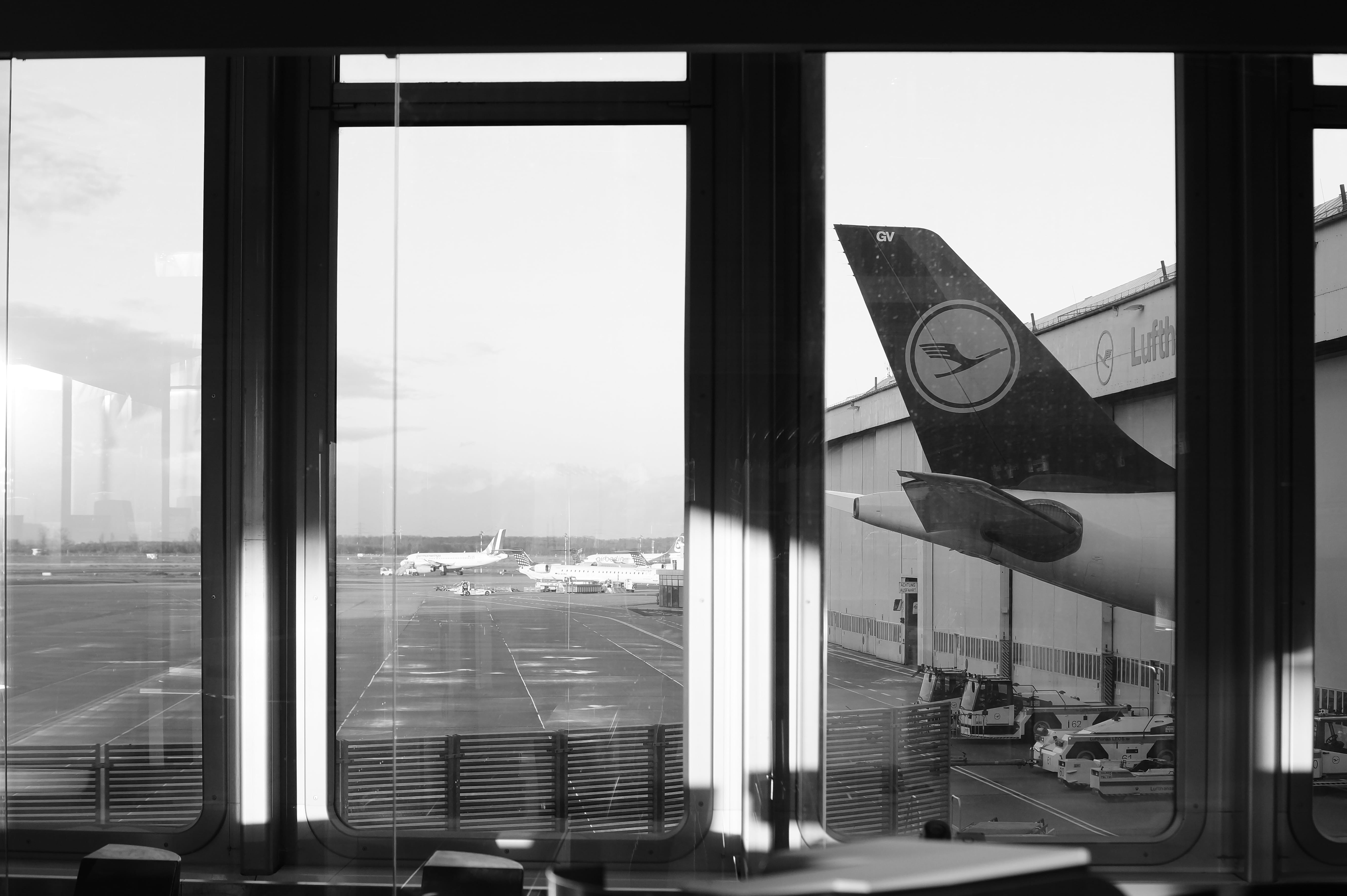 public transportation, düsseldorf international airport, düsseldorf, wings, no people, transportation, building, window, sunny, dus, 5K, nature, lufthansa, HD Wallpaper