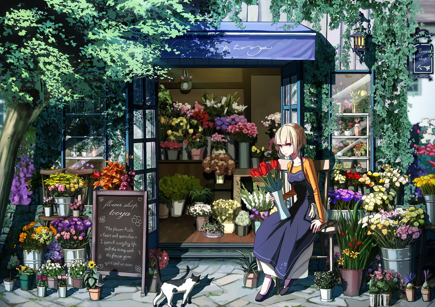 store, flowering plant, anime girls, stores, leisure activity, choice, one person, colorful, flower, beautiful woman, 720P, real people, apron, young women, HD Wallpaper
