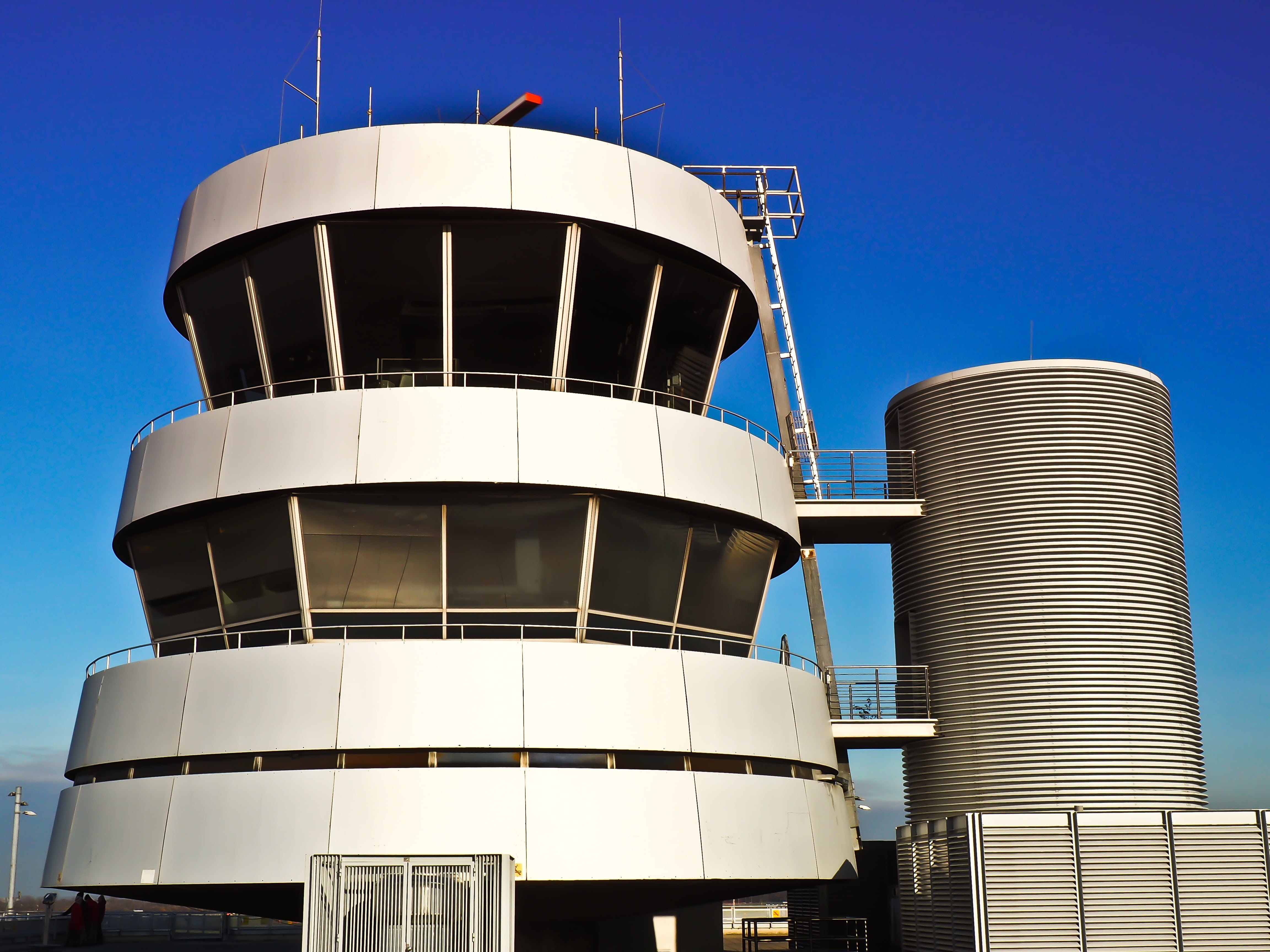 blue, sky, fuel and power generation, modern, air traffic control, air traffic, outdoors, low angle view, sunlight, built Structure, building, industry, HD Wallpaper