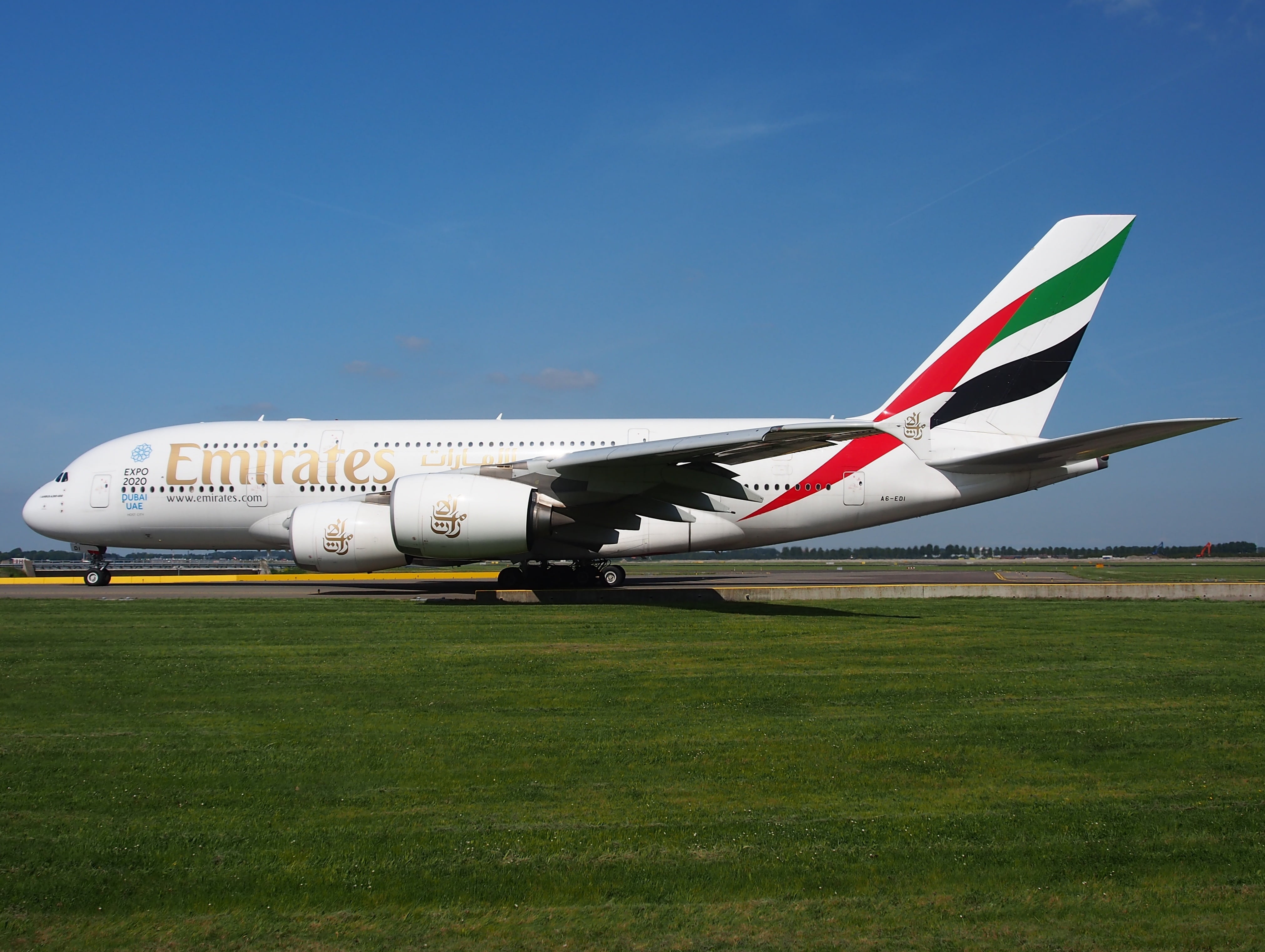 copy space, technology, private airplane, airbus a380, aircraft, plane, 4K, no people, air vehicle, emirates, plant, aerospace industry, grass, day, airport, HD Wallpaper
