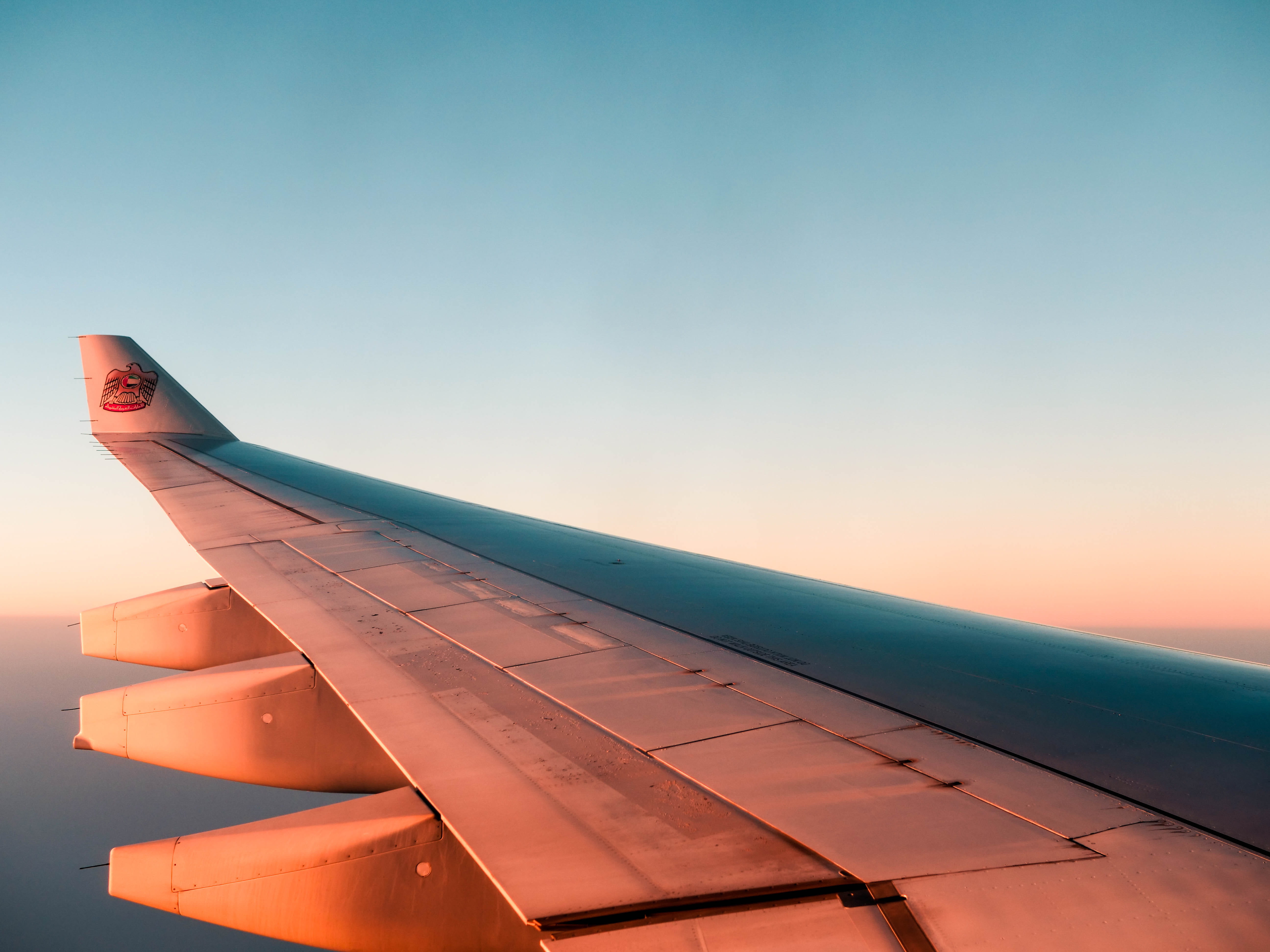blue, boardwalk, plane, nature, travel, transport, etihad, mode of transportation, aircraft wing, engine, reflected, ray, sun, vessel, bridge, 5K, wing, HD Wallpaper