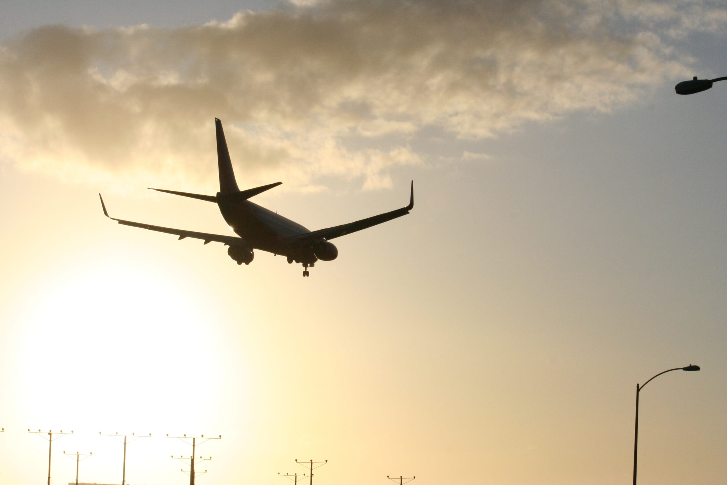 sunset, aviation, silhouette, journey, aerospace industry, mode of transportation, landing, arrival, airplane, flying, no people, on the move, lax, transportation, HD Wallpaper