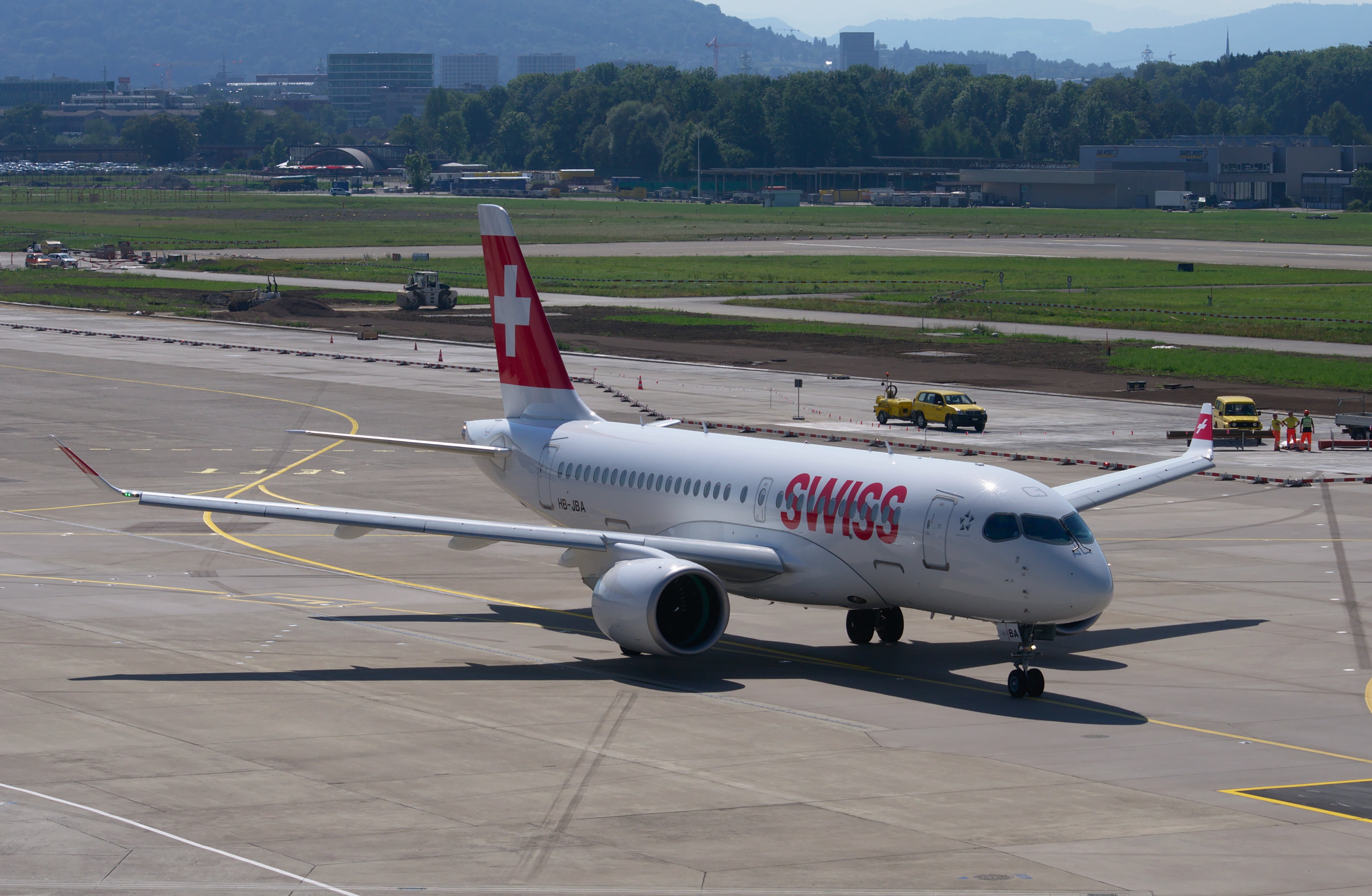taking off, stationary, aviation, arrival, turbine, air Vehicle, travel, fly, no people, land vehicle, swiss, aerospace industry, aircraft wing, bombardier cs100, HD Wallpaper