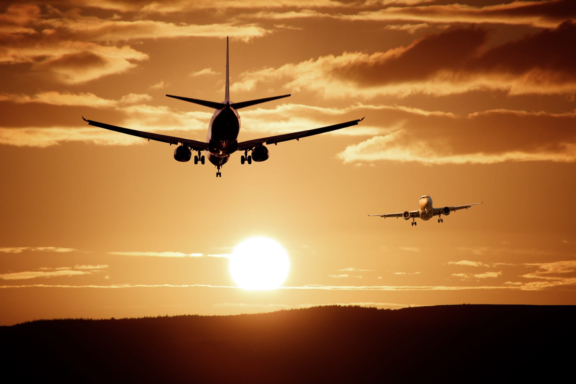 flight, airplane, dawn, sky, airplanes, aerospace industry, sunset, arrival, travel, flying, air vehicle, cloud - sky, 1080P, no people, silhouette, transportation, HD Wallpaper