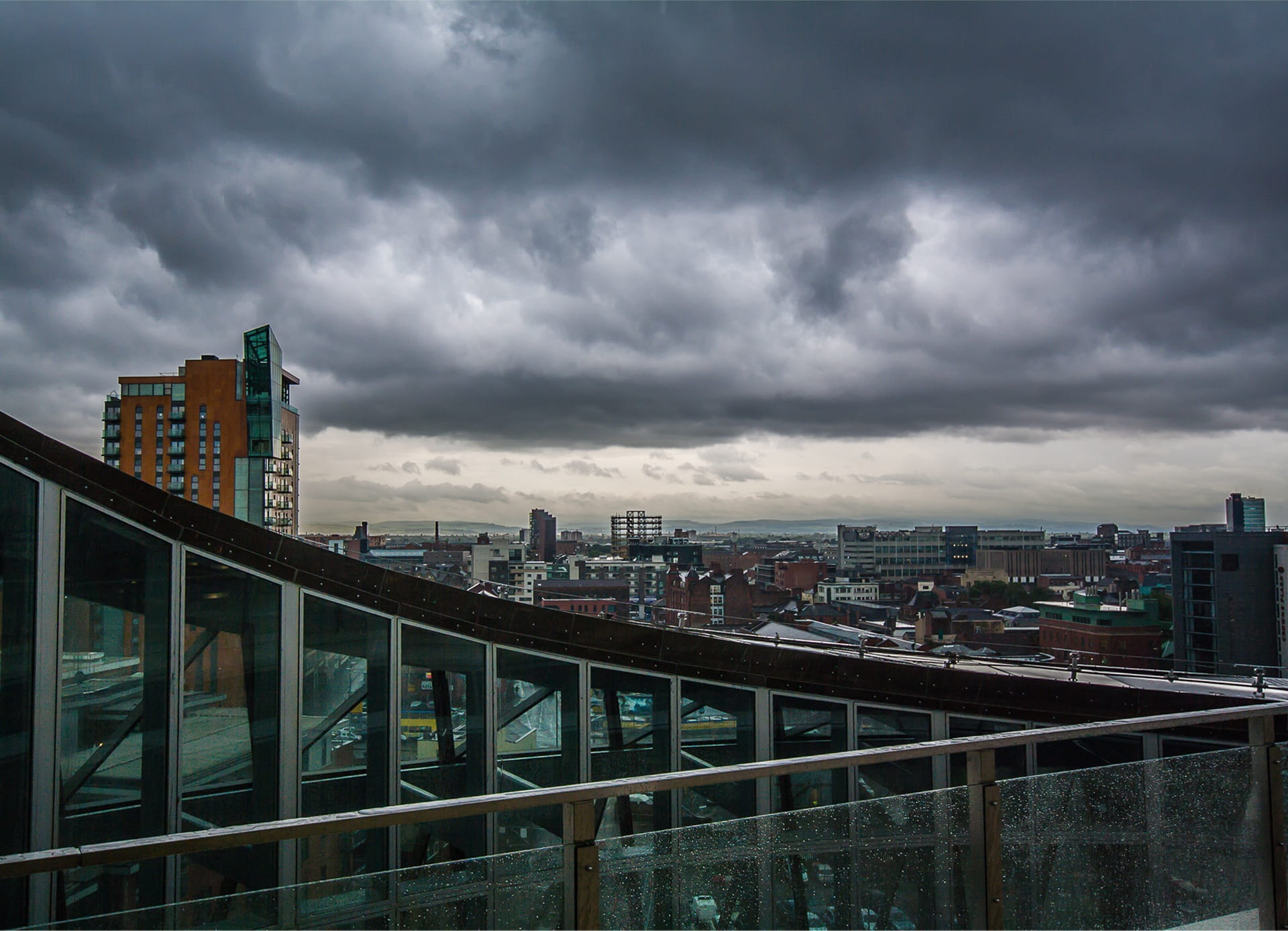 architecture, skyscraper, england, bridge, 1080P, dusk, birds, transportation, Cityscape, salford, city life, outdoors, sky, nature, angel square, building exterior, HD Wallpaper