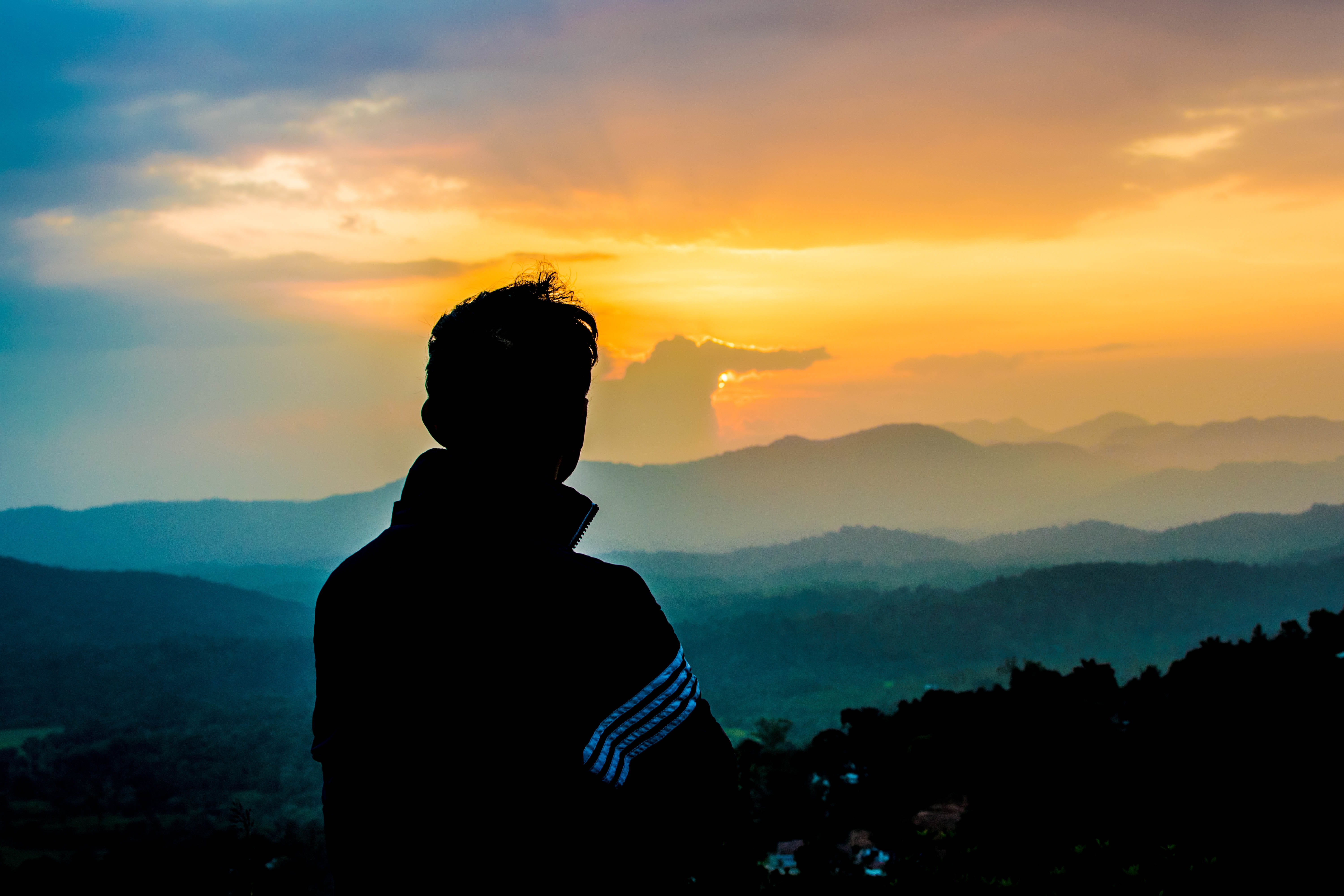 kodagu, view, sunset, scenics - nature, orange color, india, one person, cloud - sky, clouds, tranquility, outdoors, hill stations, mountains, leisure activity, HD Wallpaper