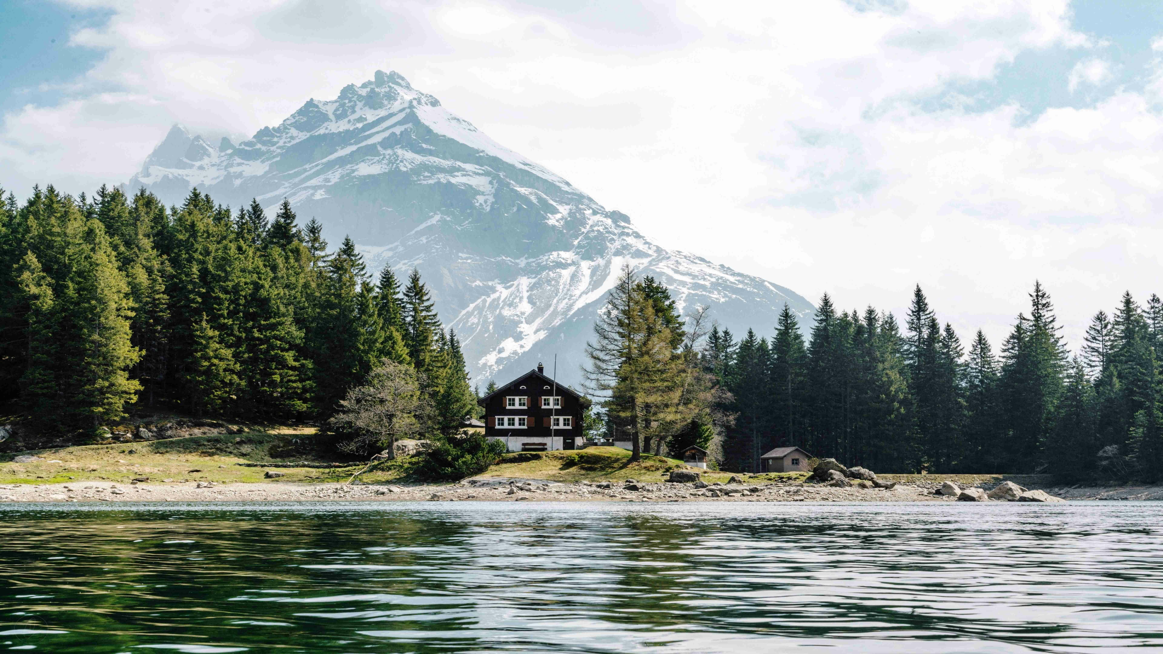 mountain range, alps, swiss alps, lake arnisee, hill station, cabin, bank, switzerland, house, water, arnisee lake, mountain lake, sky, arnisee, gurtnellen, HD Wallpaper