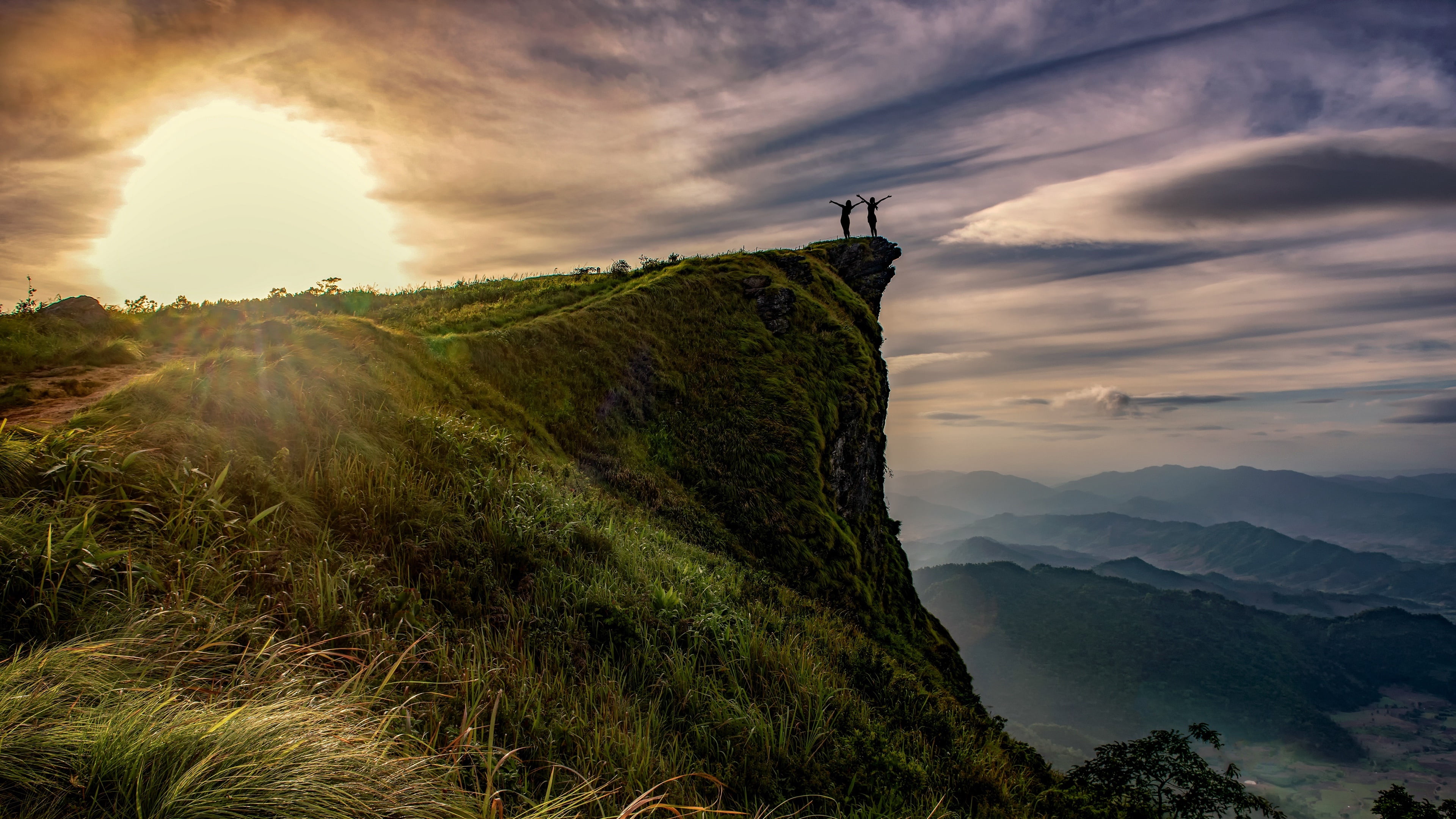 scenics - nature, 4K, cloud, tranquil scene, cloud - sky, environment, beauty in nature, cliff, top, sky, dawn, hill, mountain peak, grass, mountain range, HD Wallpaper