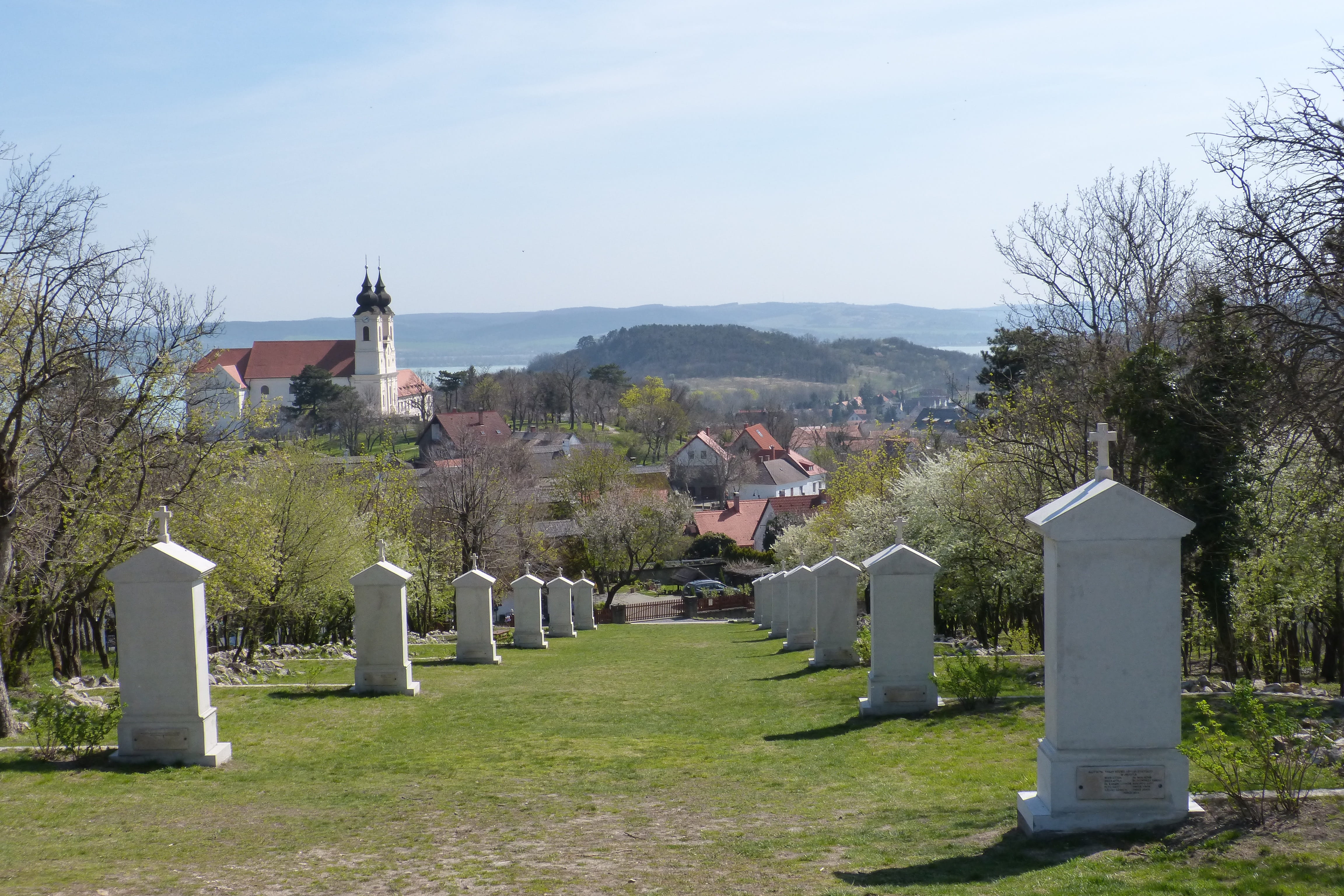 sky, christianity, religion, tree, outdoors, no people, hill, building, nature, plant, mountain, tihany, architecture, cemetery, grave, church, grass, faith, HD Wallpaper
