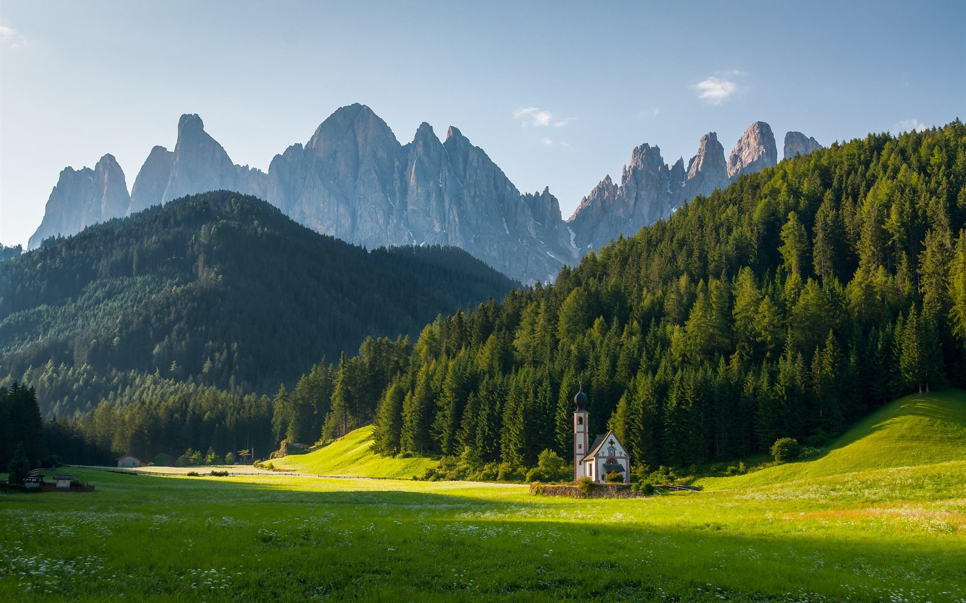 Sunrise, Alps, Dolomite, Trees, church, johann, st, 1080P, Grass, HD Wallpaper