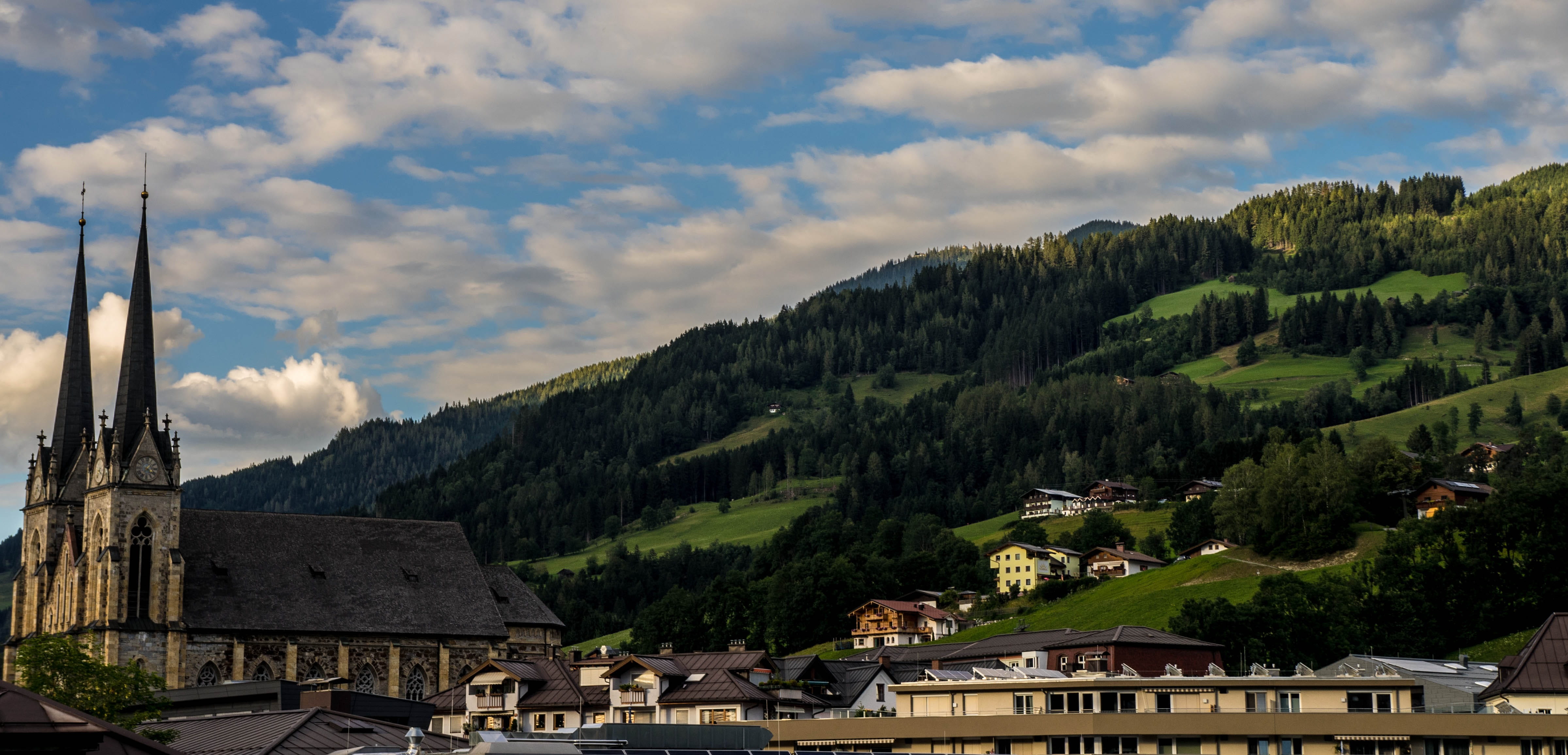 no people, blue, Church, scenics - nature, 4K, scene, sunny, sky, tree, Europe, summer, mountain range, landscape, mountain, residential district, green, HD Wallpaper