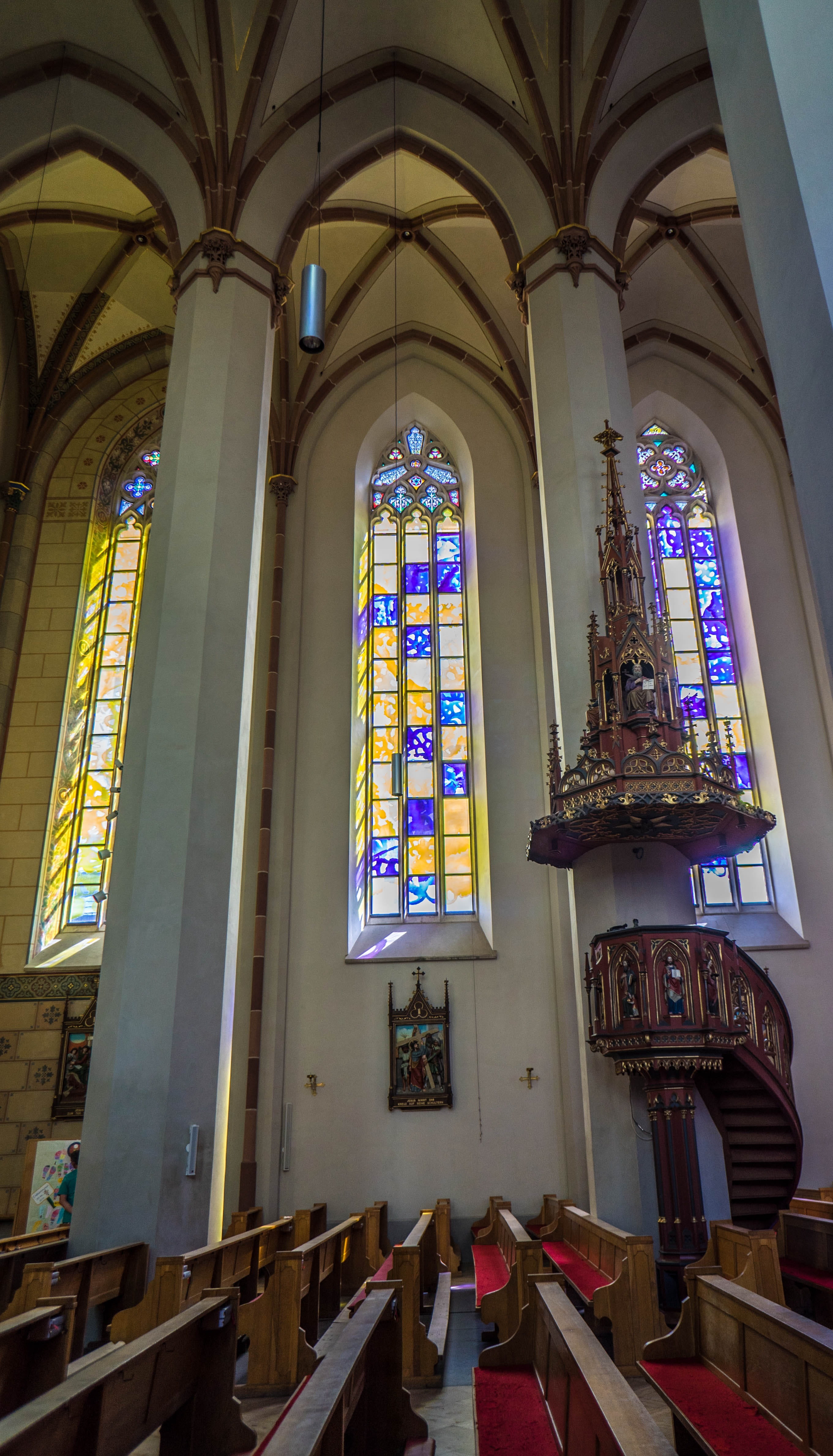 pew, interior, day, religion, low angle view, art and craft, indoors, glass, history, christianity, Church, christ, prayer, place of worship, alps, St Johann, Phone HD Wallpaper