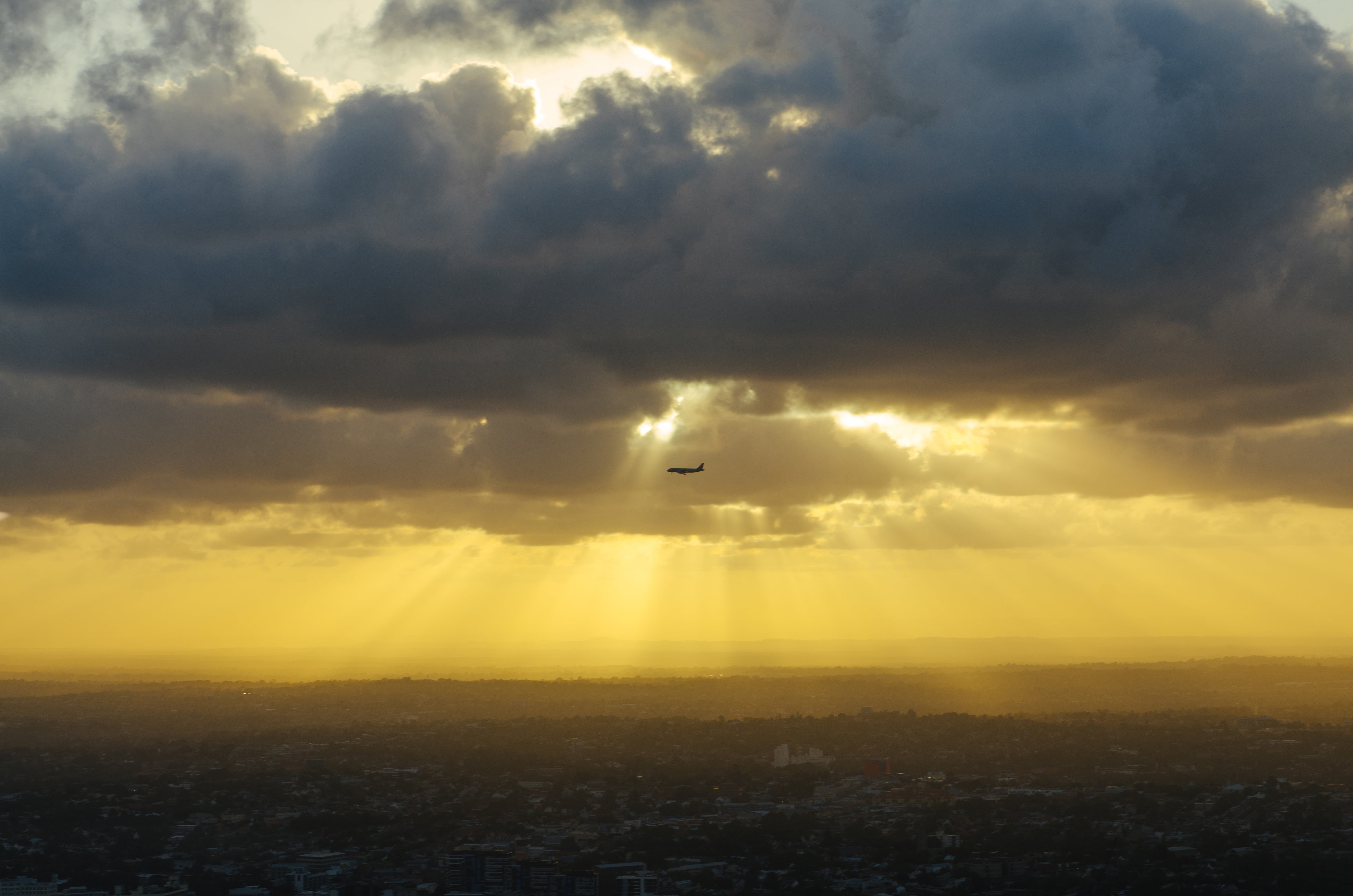building exterior, sunset, cloudy, travel, tranquility, clouds, beauty in nature, sunbeam, outdoors, airplane, 4K, sky, cloud - sky, sun, dawn, transportation, HD Wallpaper