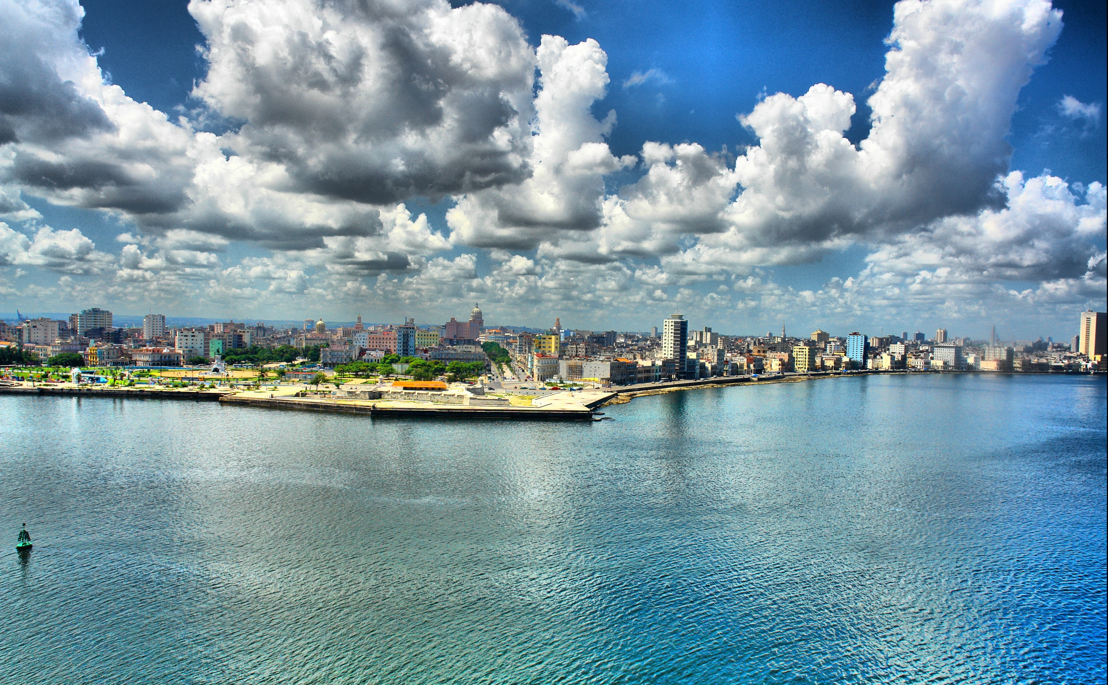 financial district, stratus, office building exterior, no people, cloud - sky, water, day, Waterfront, outdoors, cityscape, 4K, landscape, architecture, HD Wallpaper