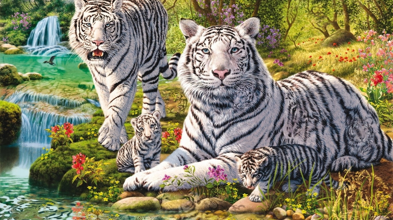 animals in the wild, whisker, nature, feline, white tiger, Wiese, cat, plant, animal, animal themes, no people, big cat, water, vertebrate, carnivora, mammal, HD Wallpaper