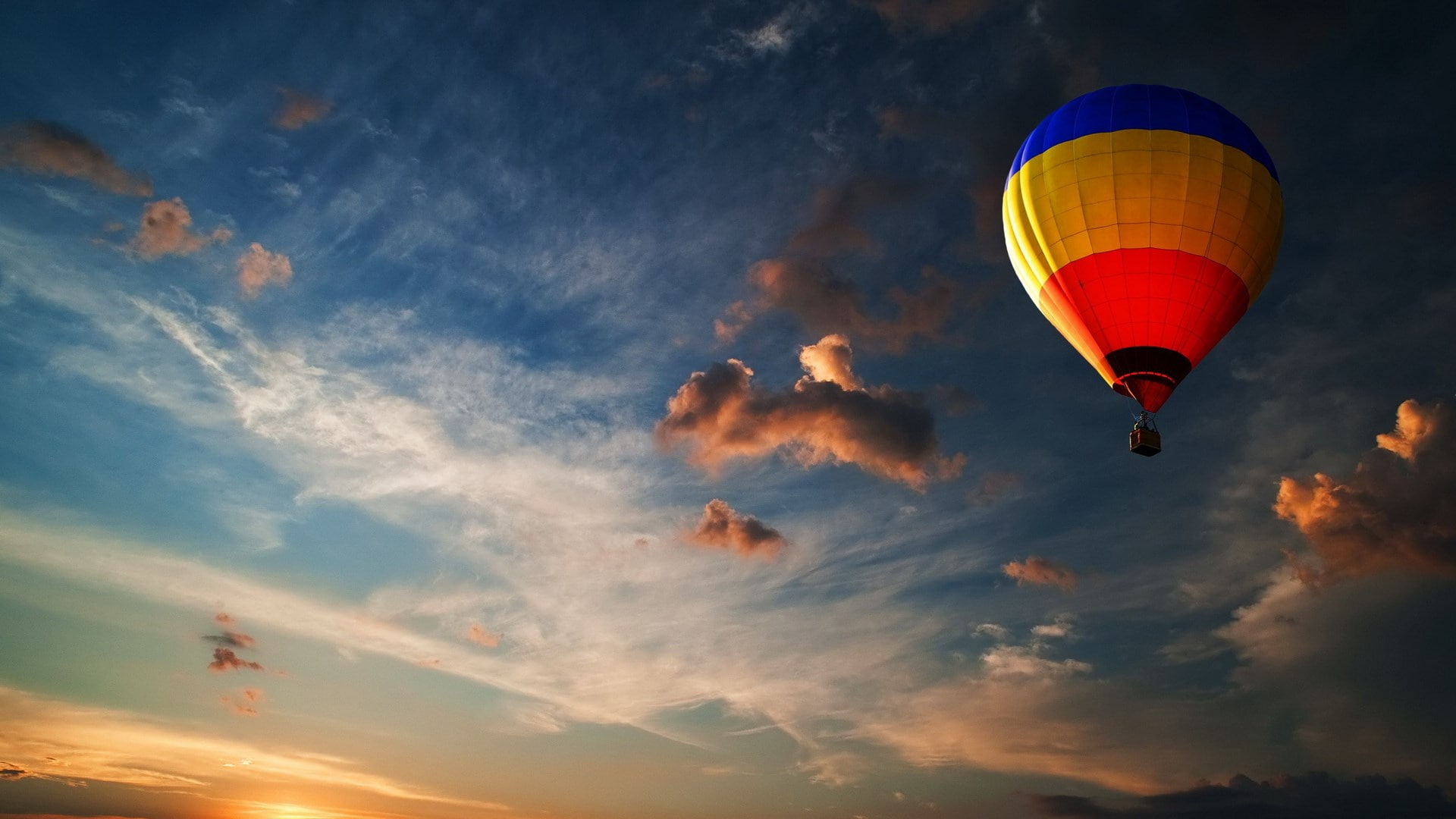 sky, balloon, adventure, mode of transportation, scenics - nature, sunset, mid-air, outdoors, multi colored, beautiful nature  for desktop background 1920x1080, HD Wallpaper
