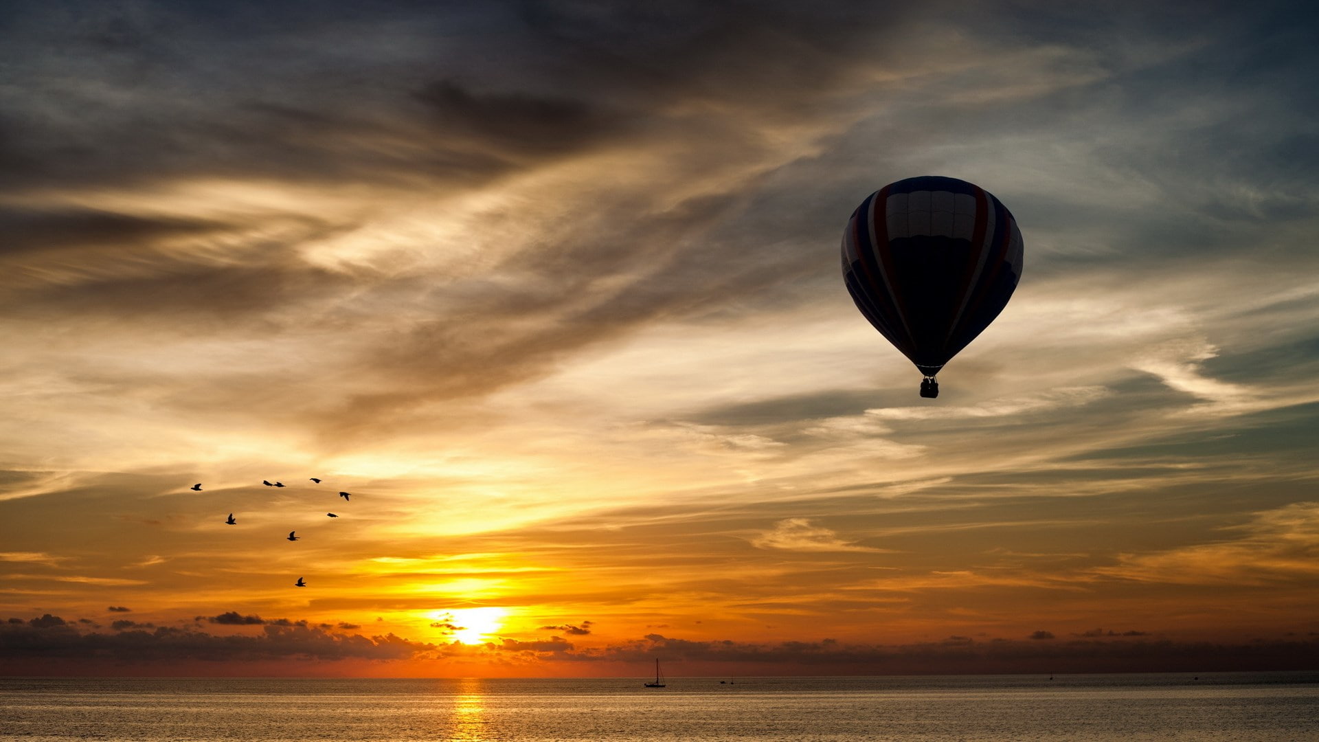 mid-air, outdoors, 1080P, water, hot air balloon, sun, tranquility, sea, idyllic, scenics - nature, beauty in nature, beautiful nature  for desktop background 1920x1080, HD Wallpaper