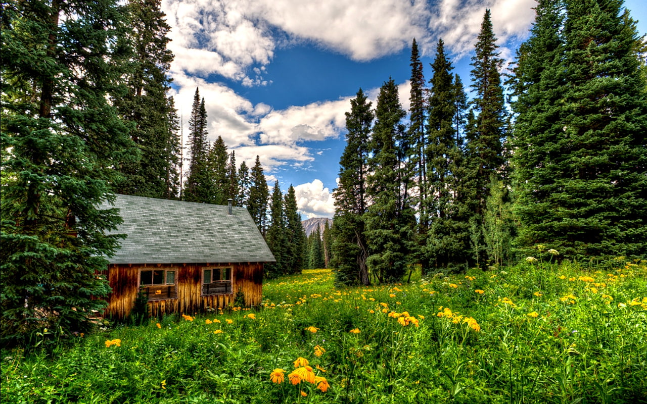 cabin, place, cottage, beauty, art, nature, hd, Clouds, peaceful, beautiful, mountains, 720P, colors, HD Wallpaper