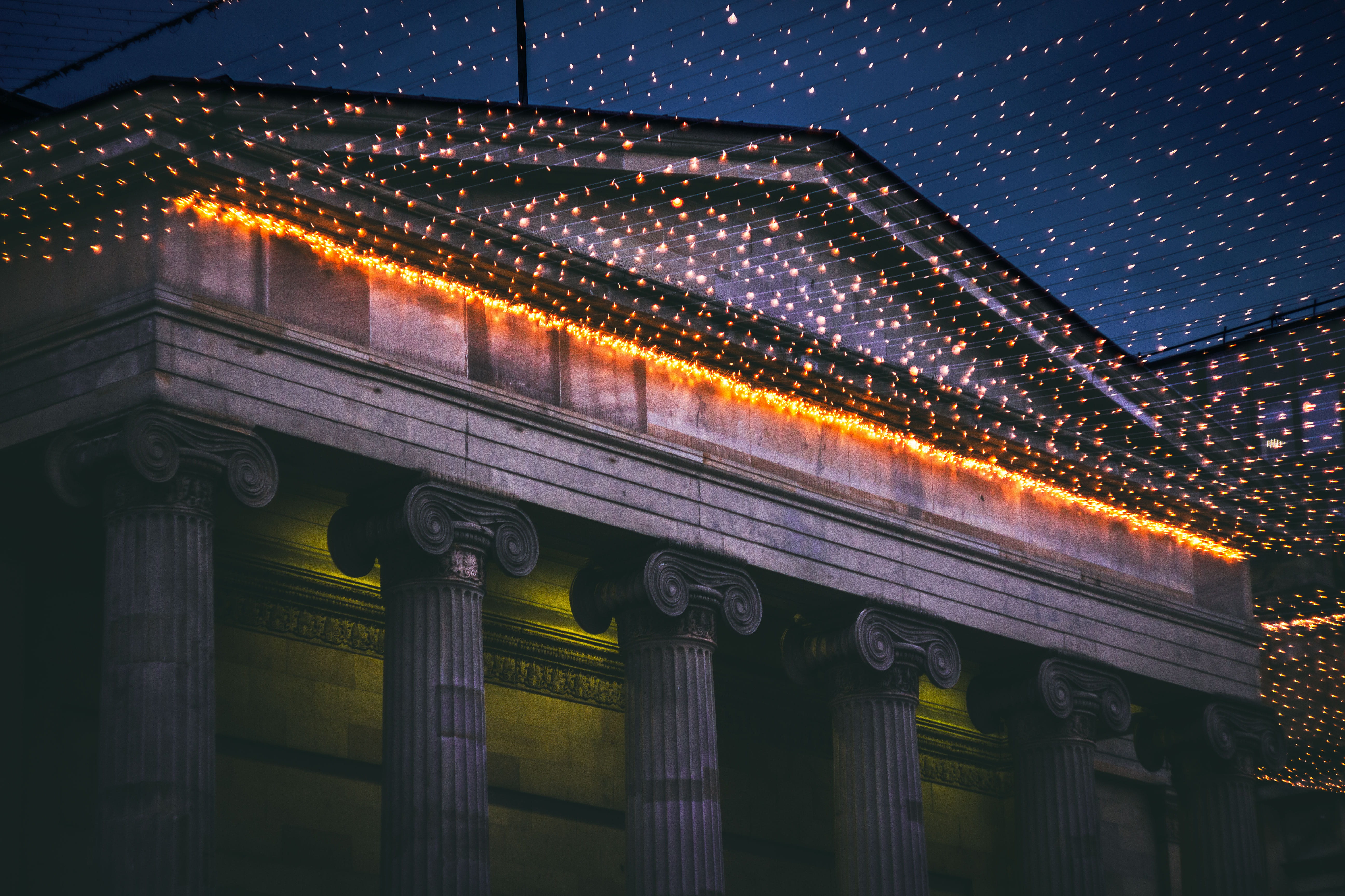 city gate, architectural column, nature, motion, convention center, night, helios 44-2, pillar, parthenon, sky, 5K, temple, lights, building, no people, HD Wallpaper