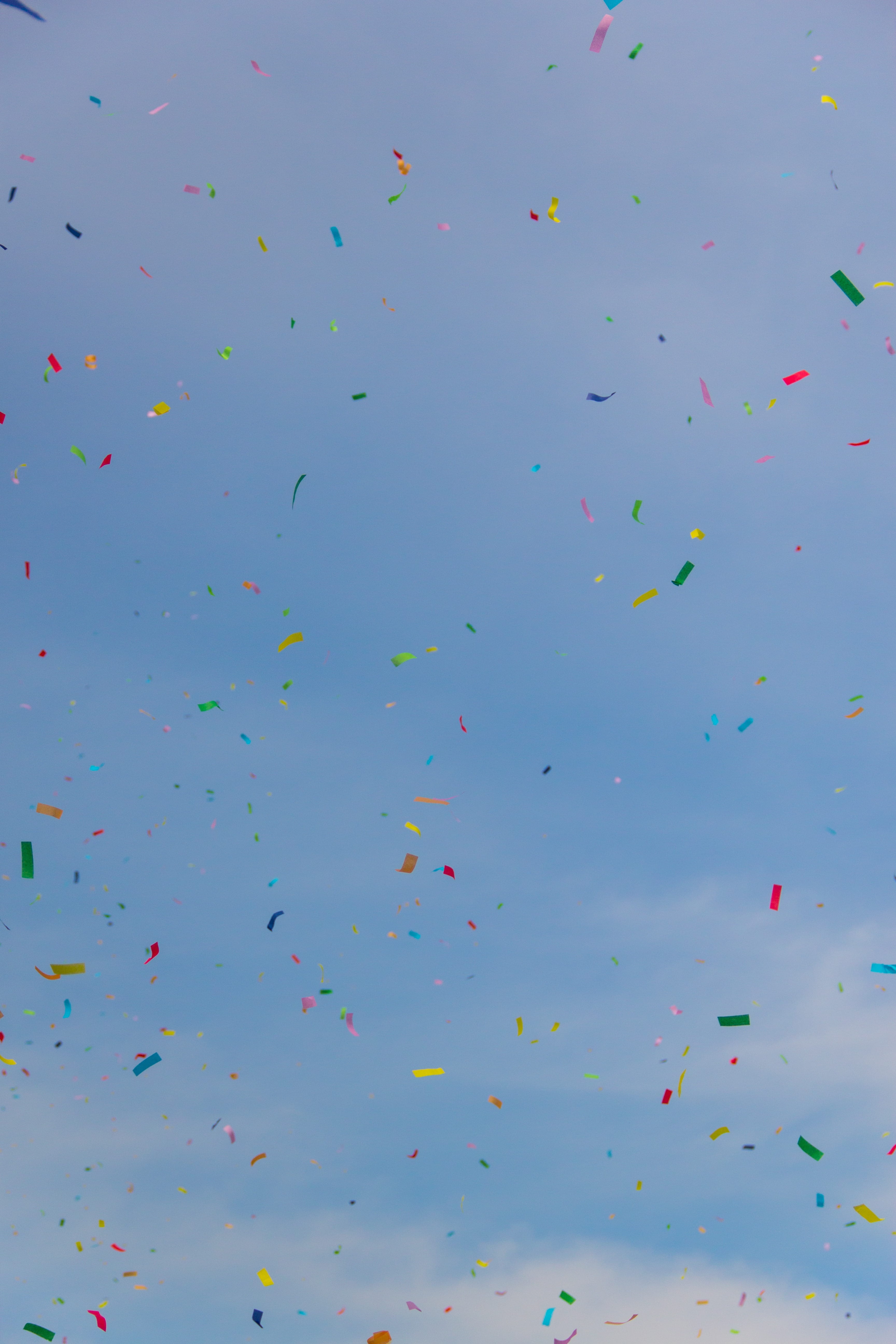 full frame, celebration event, excitement, blue, sky, multi Colored, low angle view, day, pattern, celebration, backgrounds, motion, Confetti, large group of objects, Phone HD Wallpaper