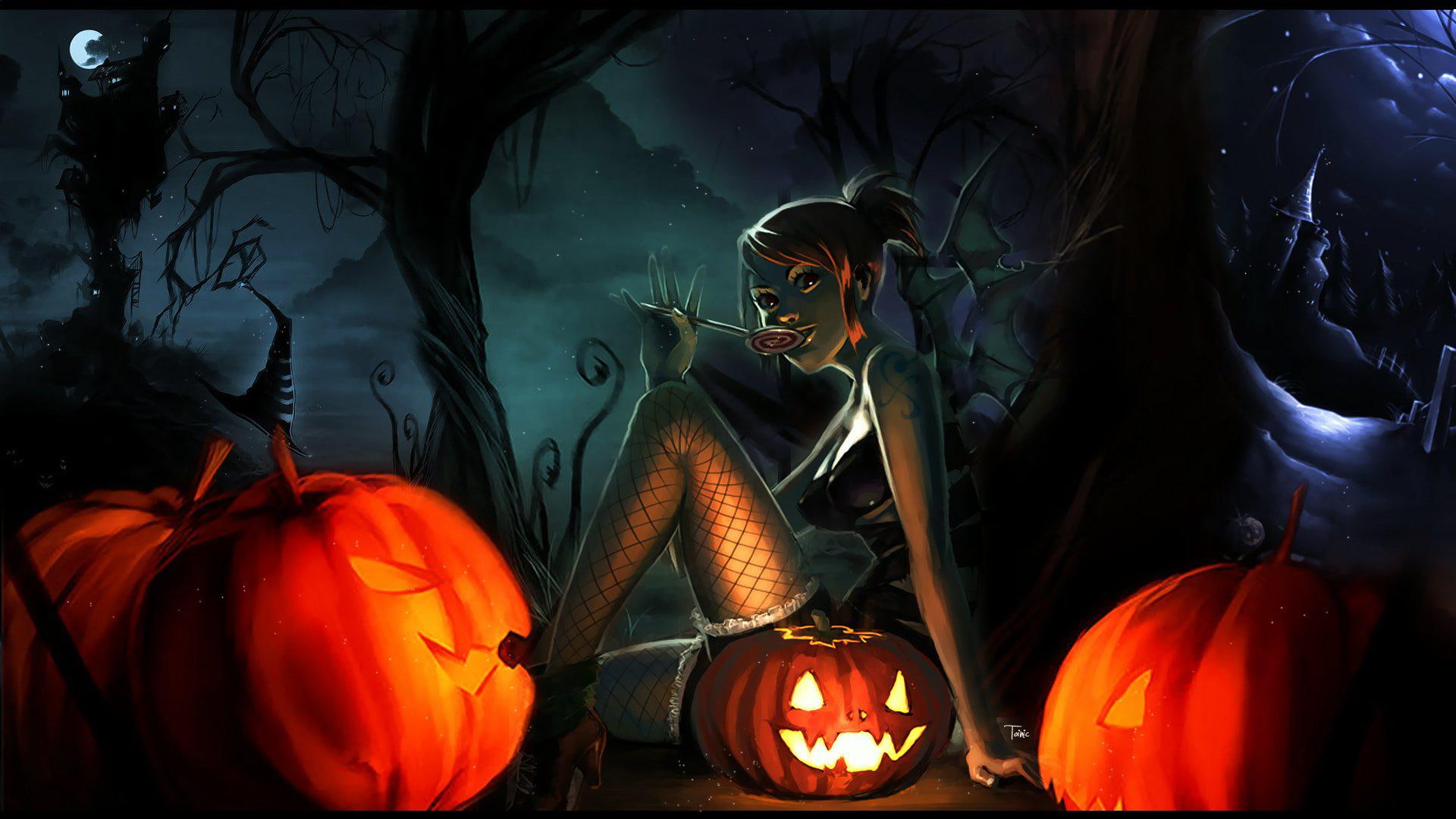 1080P, happy, graphics, halloween, anime, happy halloween, character, animated, female, HD Wallpaper