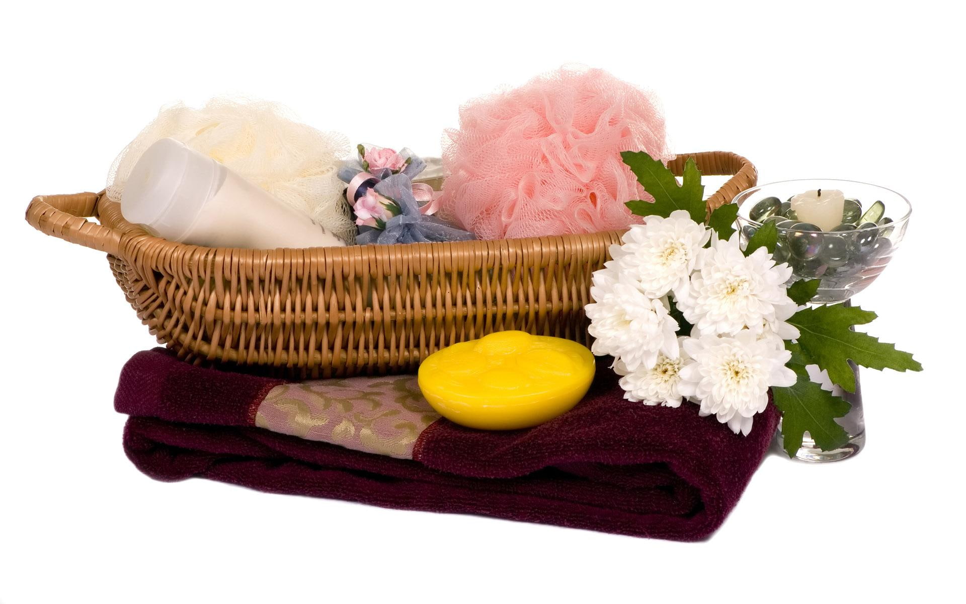 basket, spa elements, flowers, lovely, still life, 1080P, 3d and abstract, HD Wallpaper