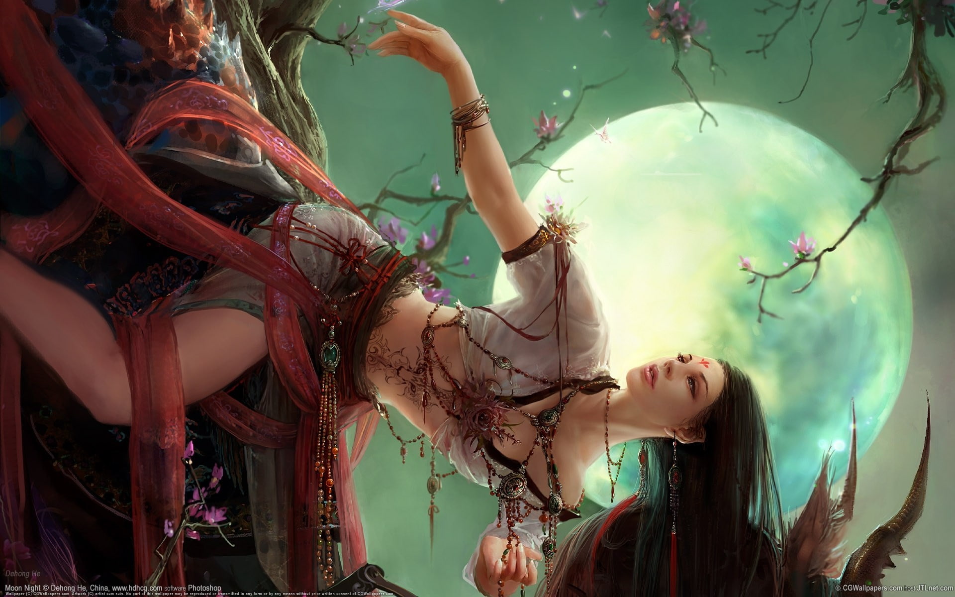 1080P, moon, woman, beauty, fan art, fan, posture, art, HD Wallpaper