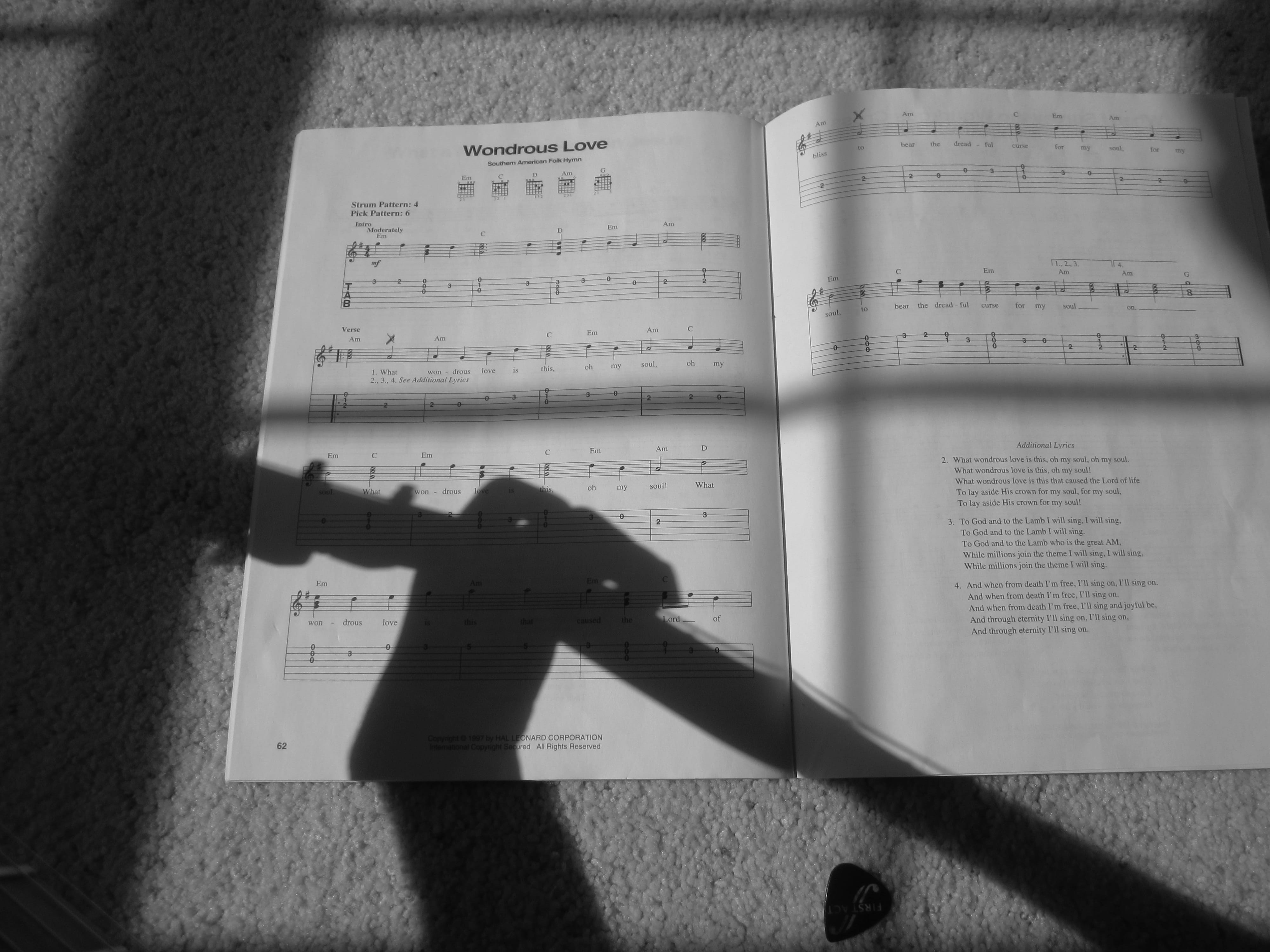 hymn, black and white, arts culture and entertainment, 4K, text, publication, close-up, sheet music, guitar, music, table, learning, directly above, indoors, HD Wallpaper