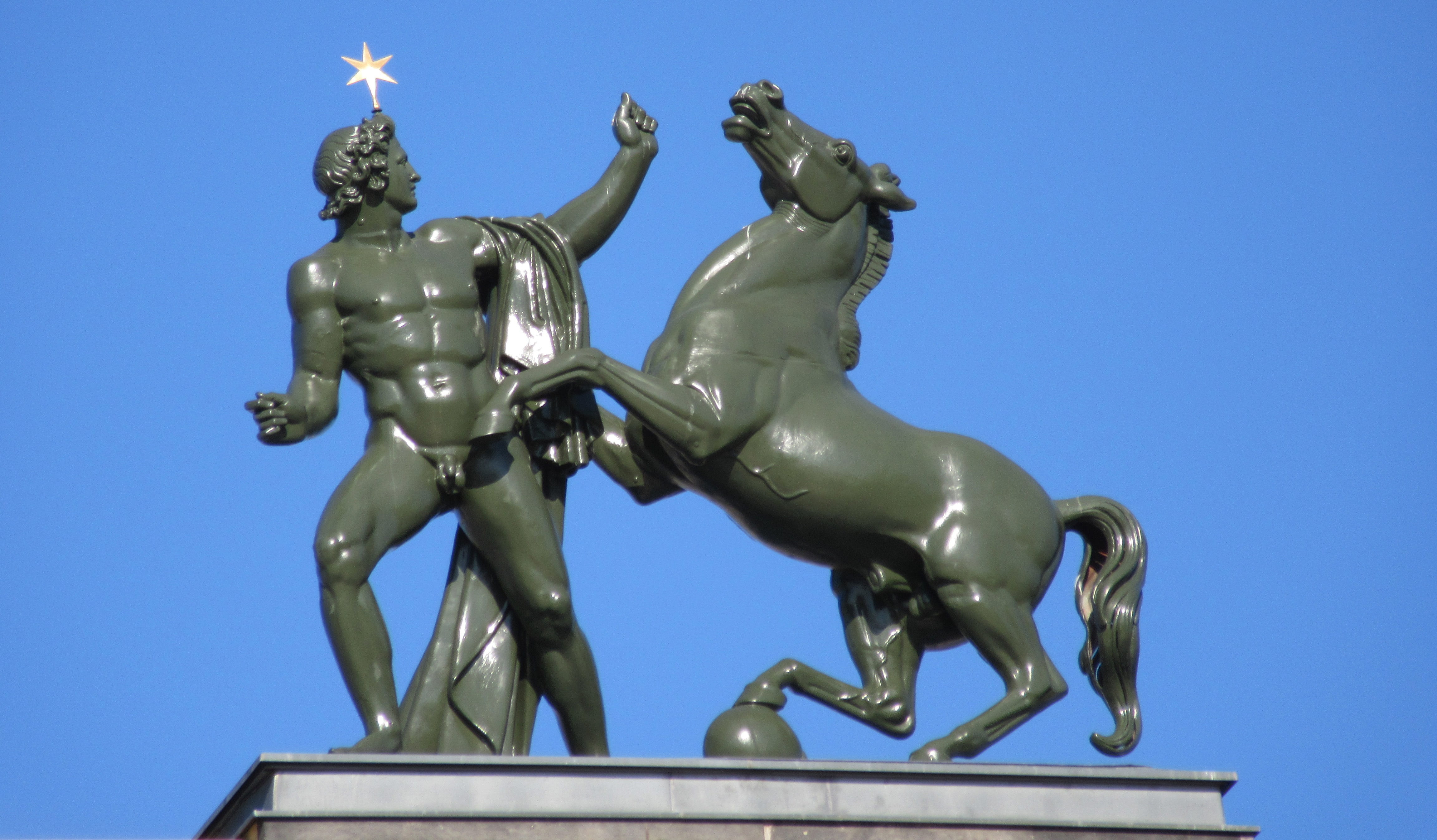 low angle view, human representation, art and craft, male likeness, architecture, sculpture, day, statue, sky, helios, the past, no people, blue, horse, HD Wallpaper