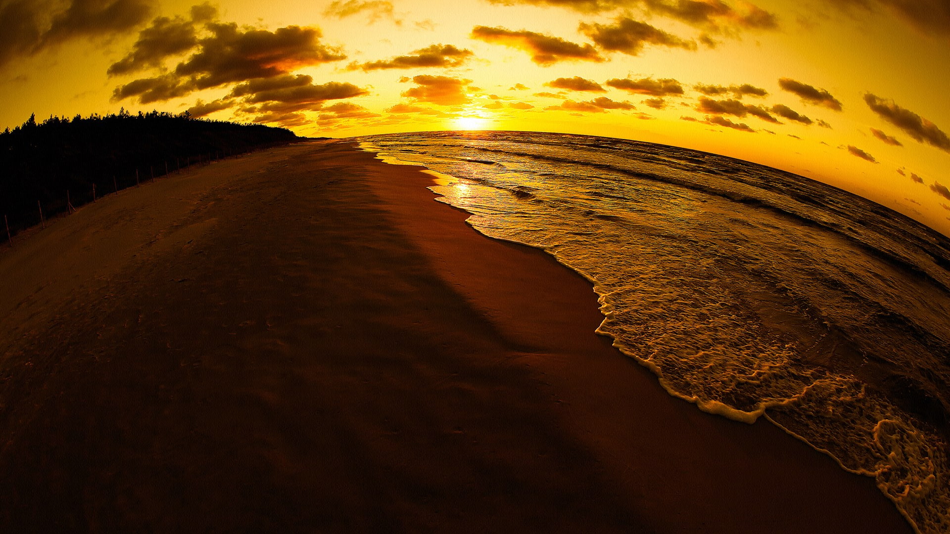 nature, sunlight, beach, tranquility, beauty in nature, sunset, sky, dramatic sky, 1080P, cloud - sky, sea, horizon, tranquil scene, beautiful photos of nature scenery  1920x1080, HD Wallpaper