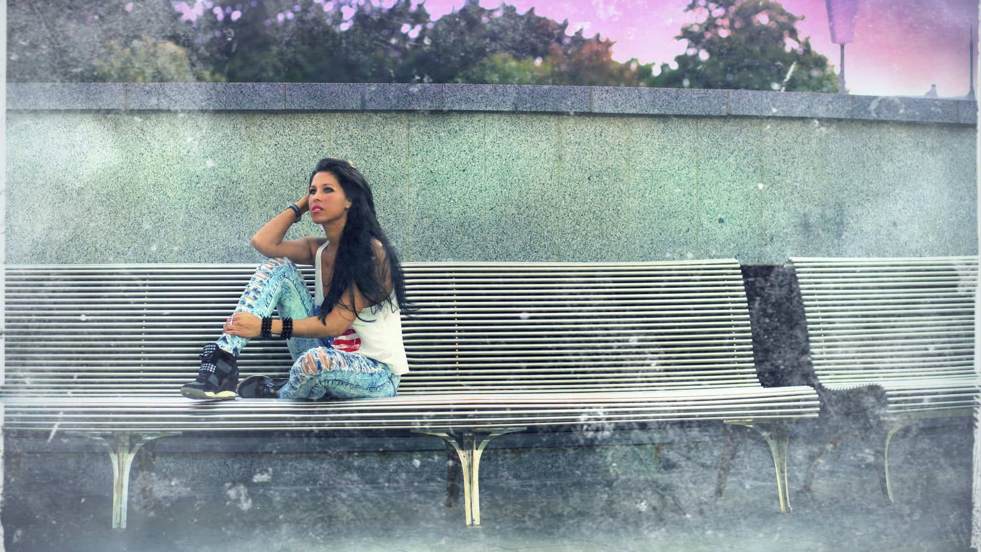 real people, seat, architecture, built structure, hair, beautiful girl woman images 1920x1080, outdoors, sitting, full length, front view, leisure activity, HD Wallpaper