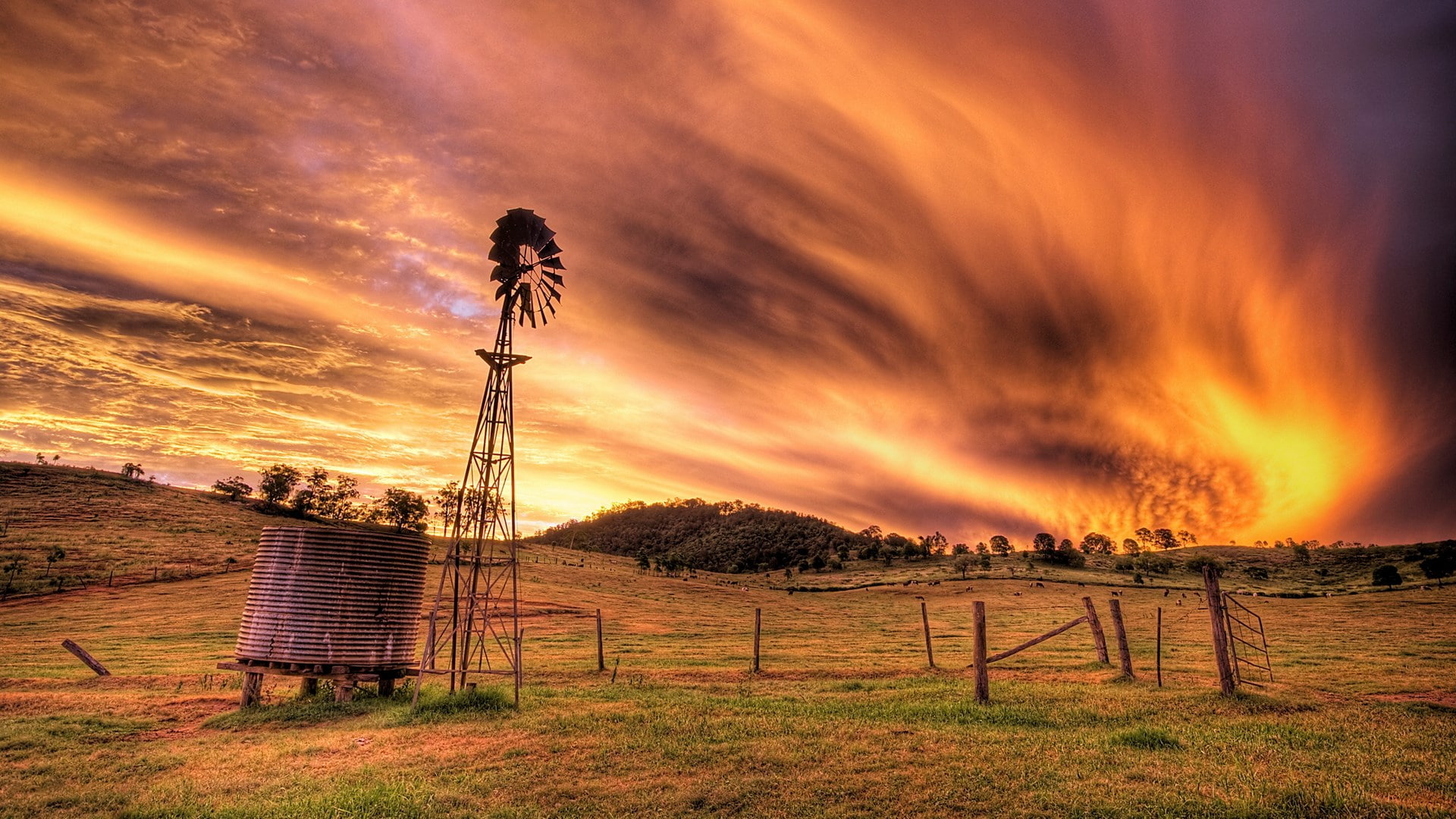 barrier, no people, plant, fence, beautiful scenes of nature hd pictures 1920x1080, nature, environment, sunset, beauty in nature, orange color, land, dramatic sky, HD Wallpaper