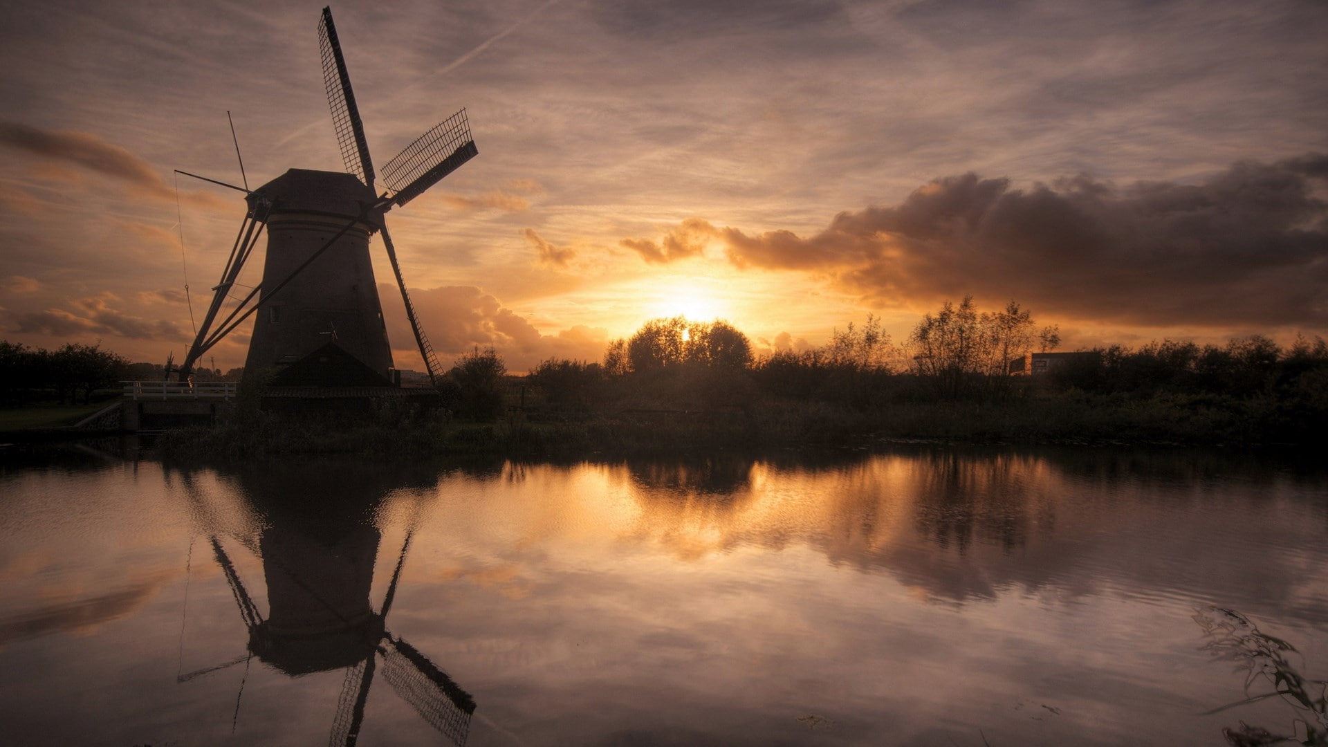 lake, 1080P, environmental conservation, turbine, wind turbine, wind power, traditional windmill, nature, sunset, reflection, renewable energy, sky, cloud - sky, HD Wallpaper