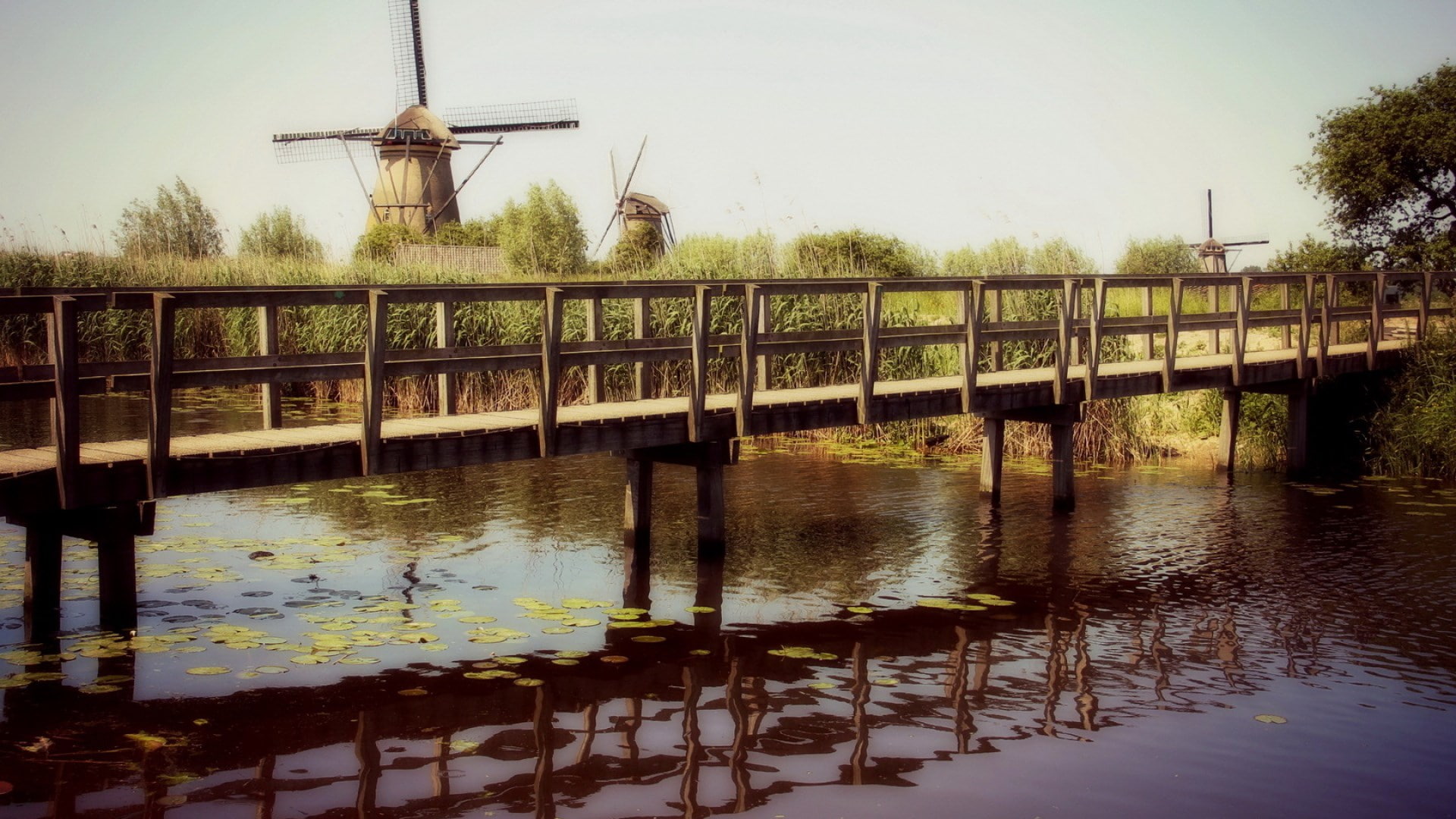 water, bridge - man made structure, connection, river, wind power, no people, built structure, tree, beautiful scenes of nature hd pictures 1920x1080, architecture, HD Wallpaper
