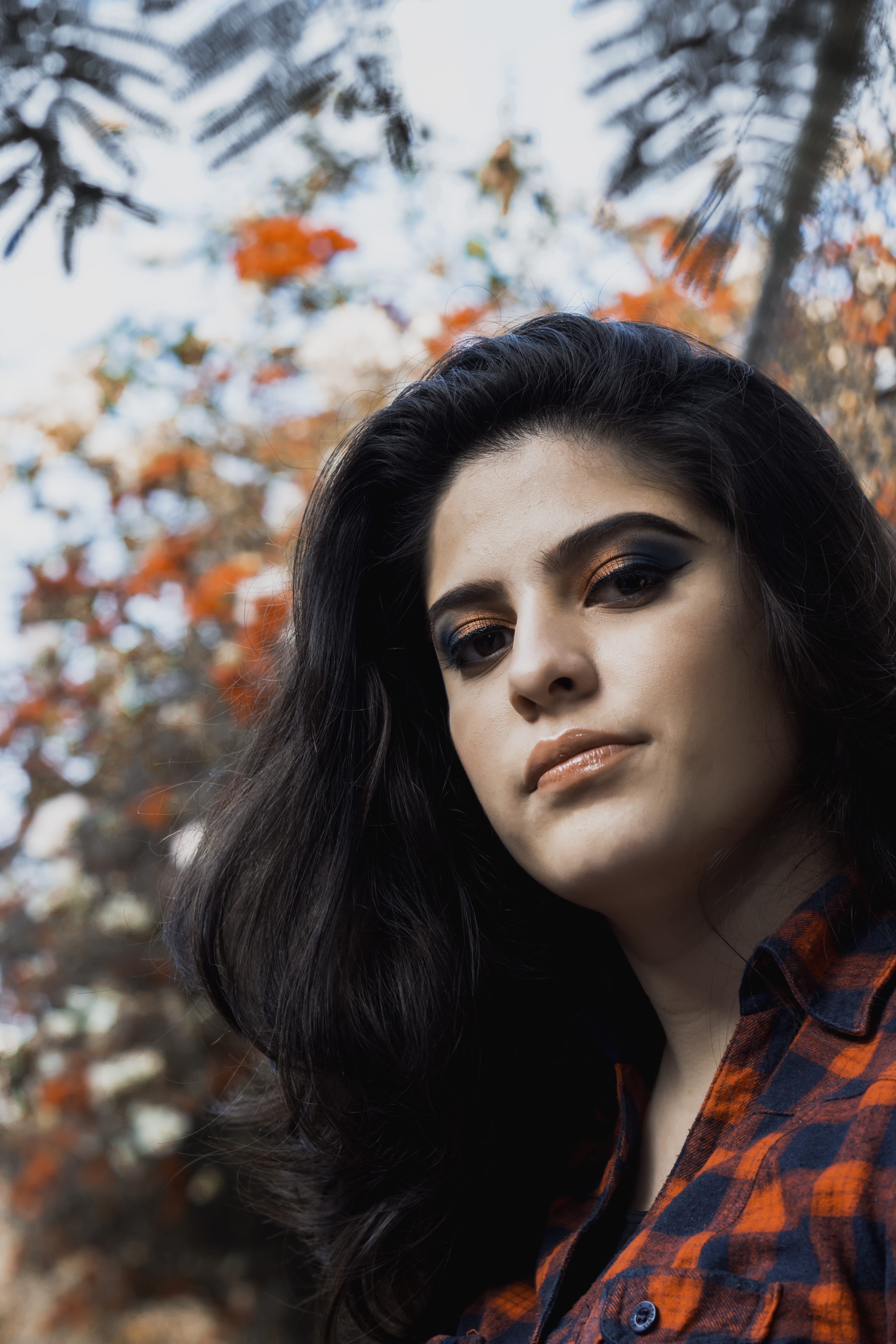red, makeup, urban, young adult, plaid, colour, hair, focus on foreground, nature, black, orange, blue, collared, checkered, 5K, day, flannel, adult, long hair, Phone HD Wallpaper