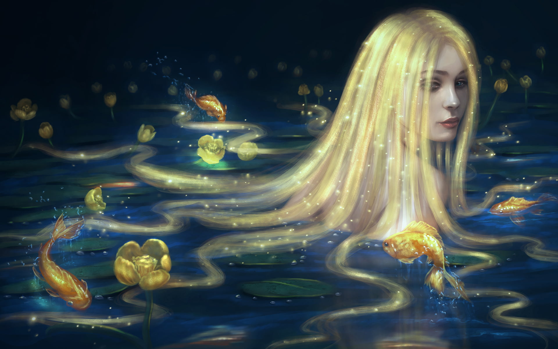 animals in the wild, beautiful woman, mermaid, fantasy, sea life, invertebrate, marine, elegance, fish, underwater, indoors, backgrounds, girl, gold, women, HD Wallpaper