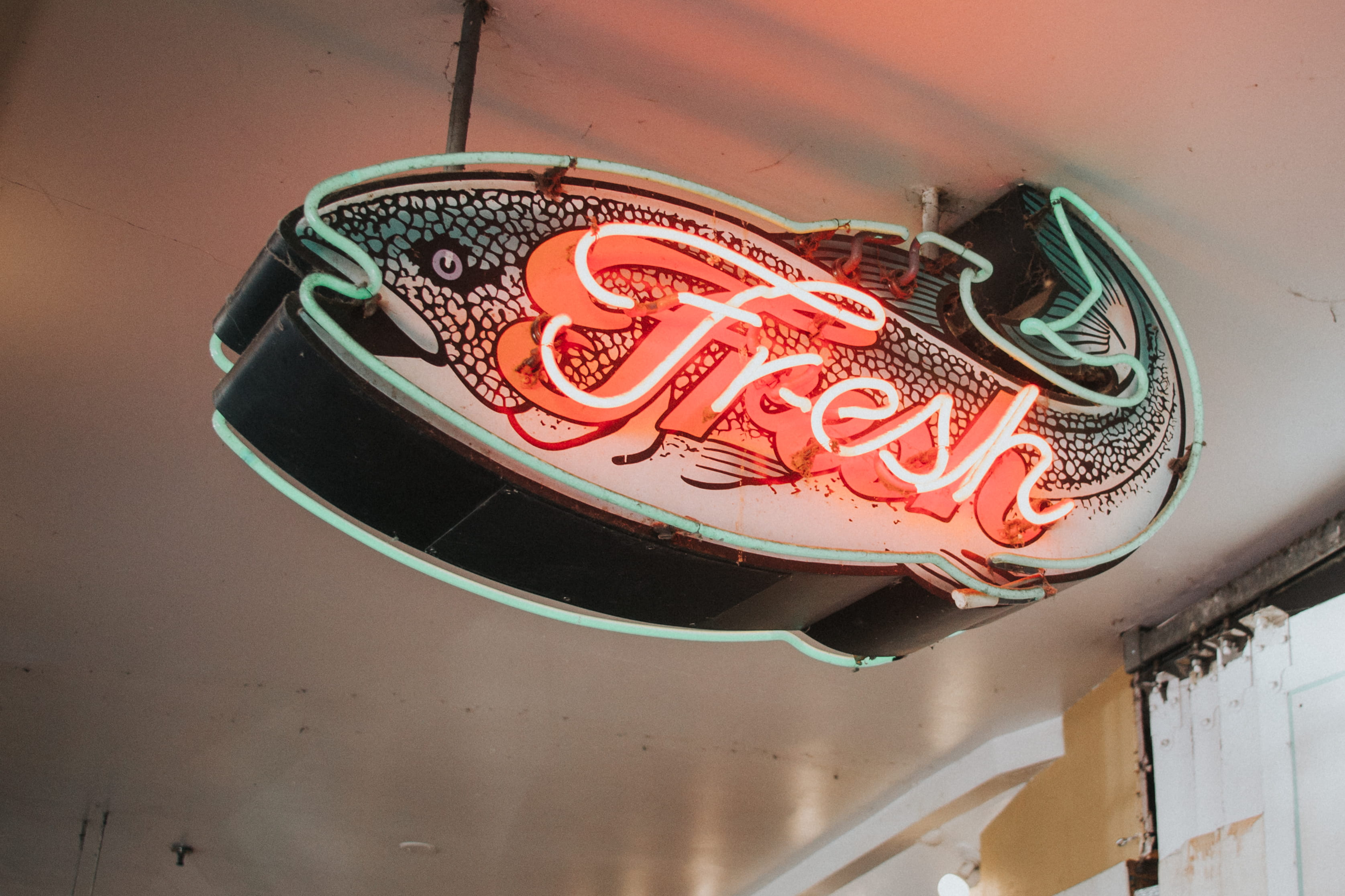 pikes place, drink, sign, chinese new year, high angle view, neon, seattle, close-up, food and drink, new, signage, still life, coca, fresh, communication, HD Wallpaper
