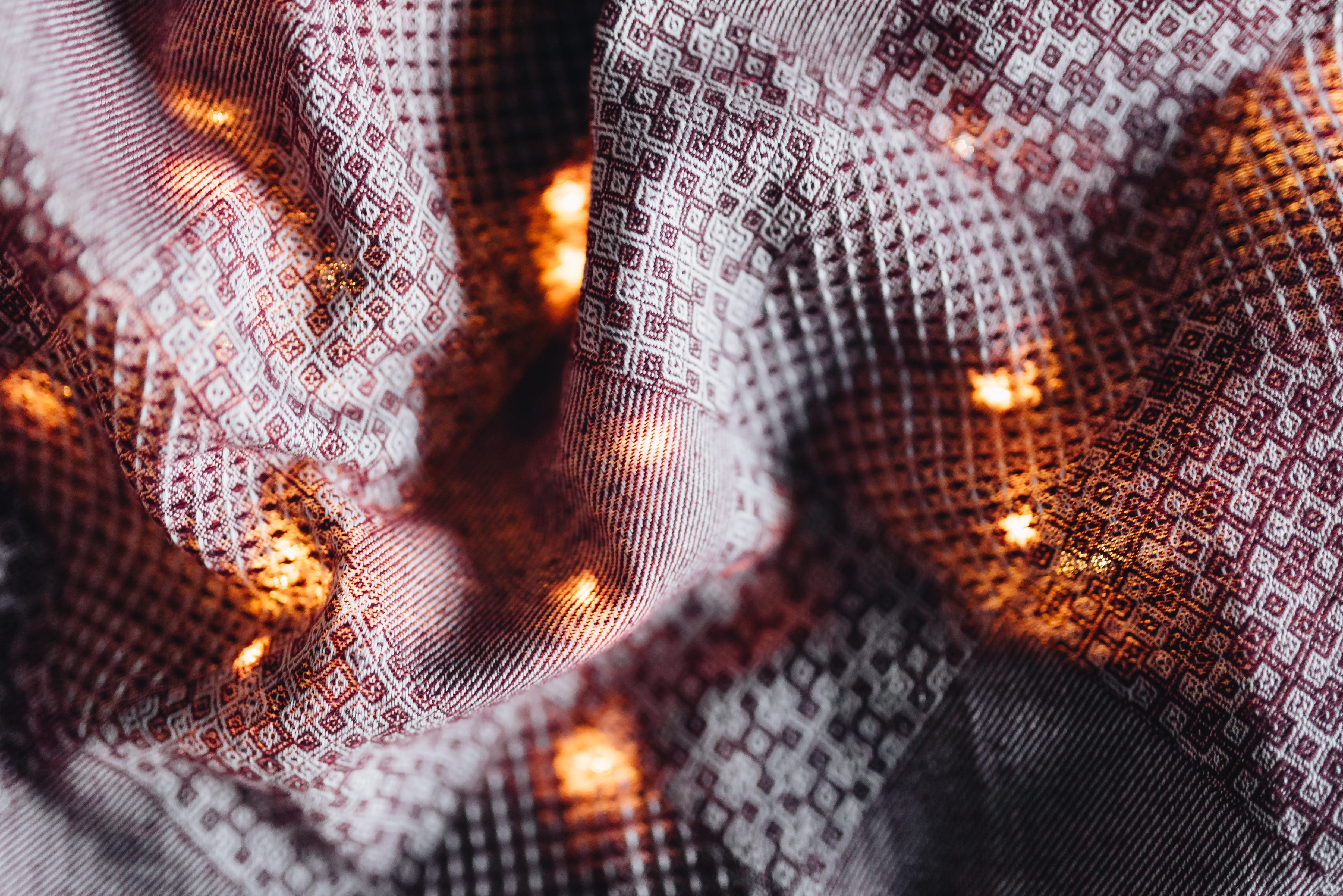 xmas, no people, selective focus, modern, illuminated, elegant, decorations, curtain, textile, red, 4K, holidays, focus on foreground, decoration, pattern, HD Wallpaper