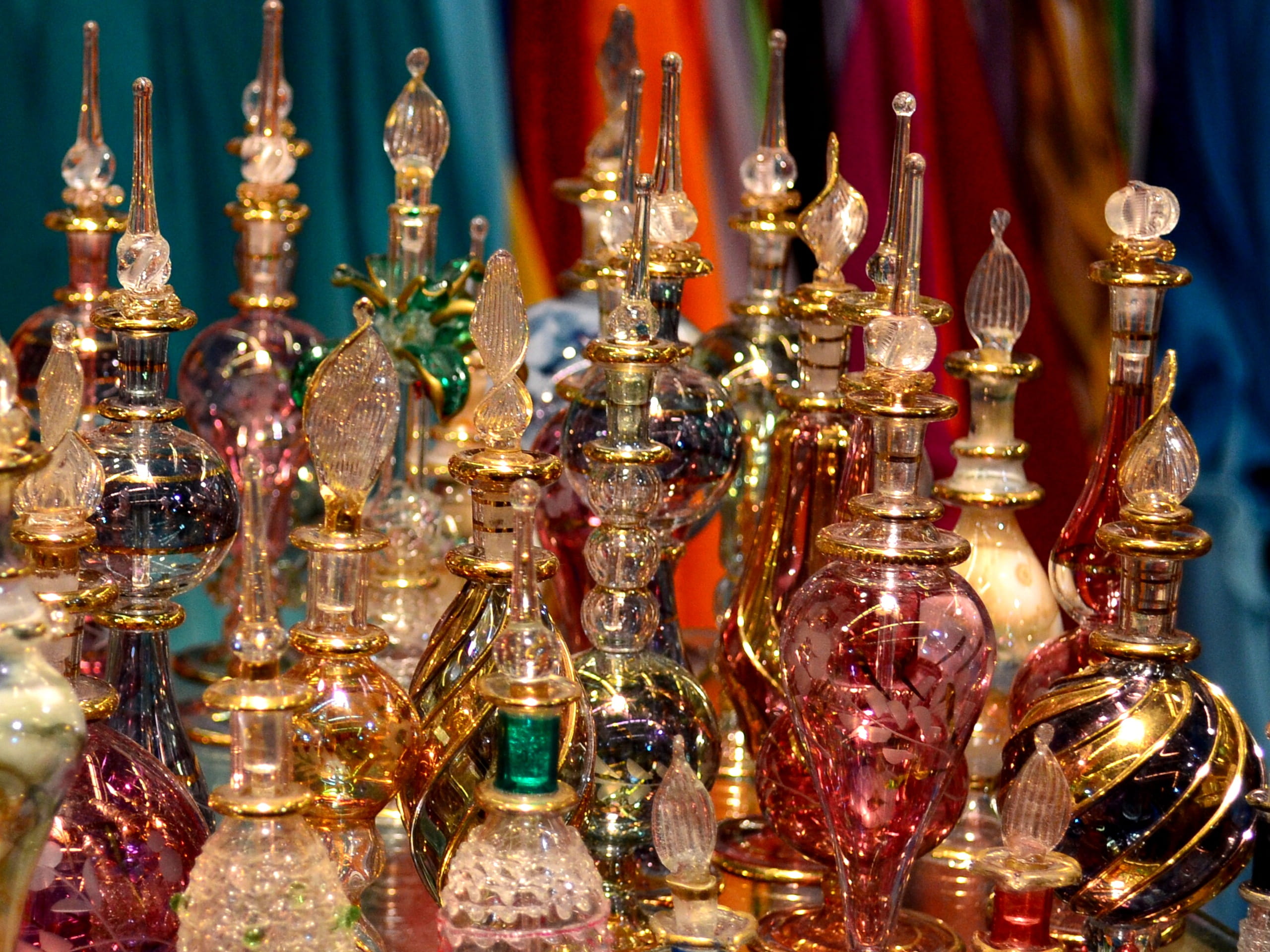 shiny, side by side, souvenir, collection, jars, transparent, egypt, wealth, still life, indoors, glass, essences, variation, ethnic market, focus on foreground, HD Wallpaper